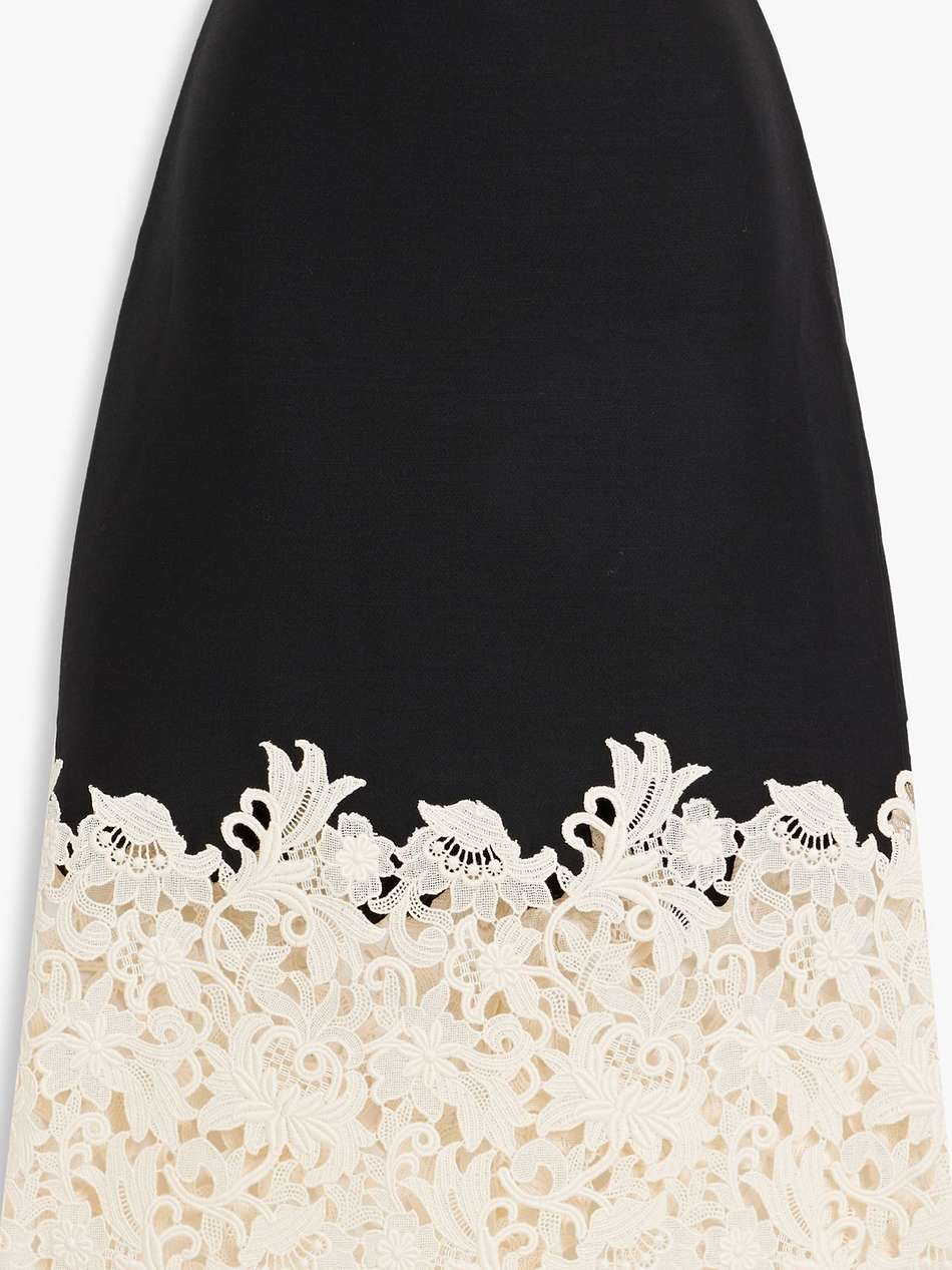 guipure lace-paneled wool and silk-blend crepe skirt