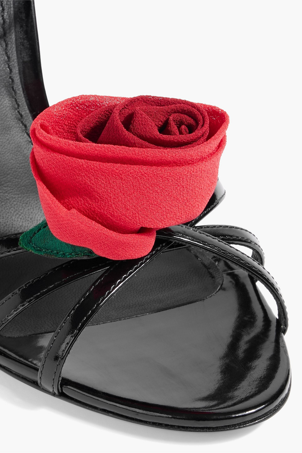 Shop Dolce & Gabbana Floral-appliquéd Patent-leather Sandals In Black