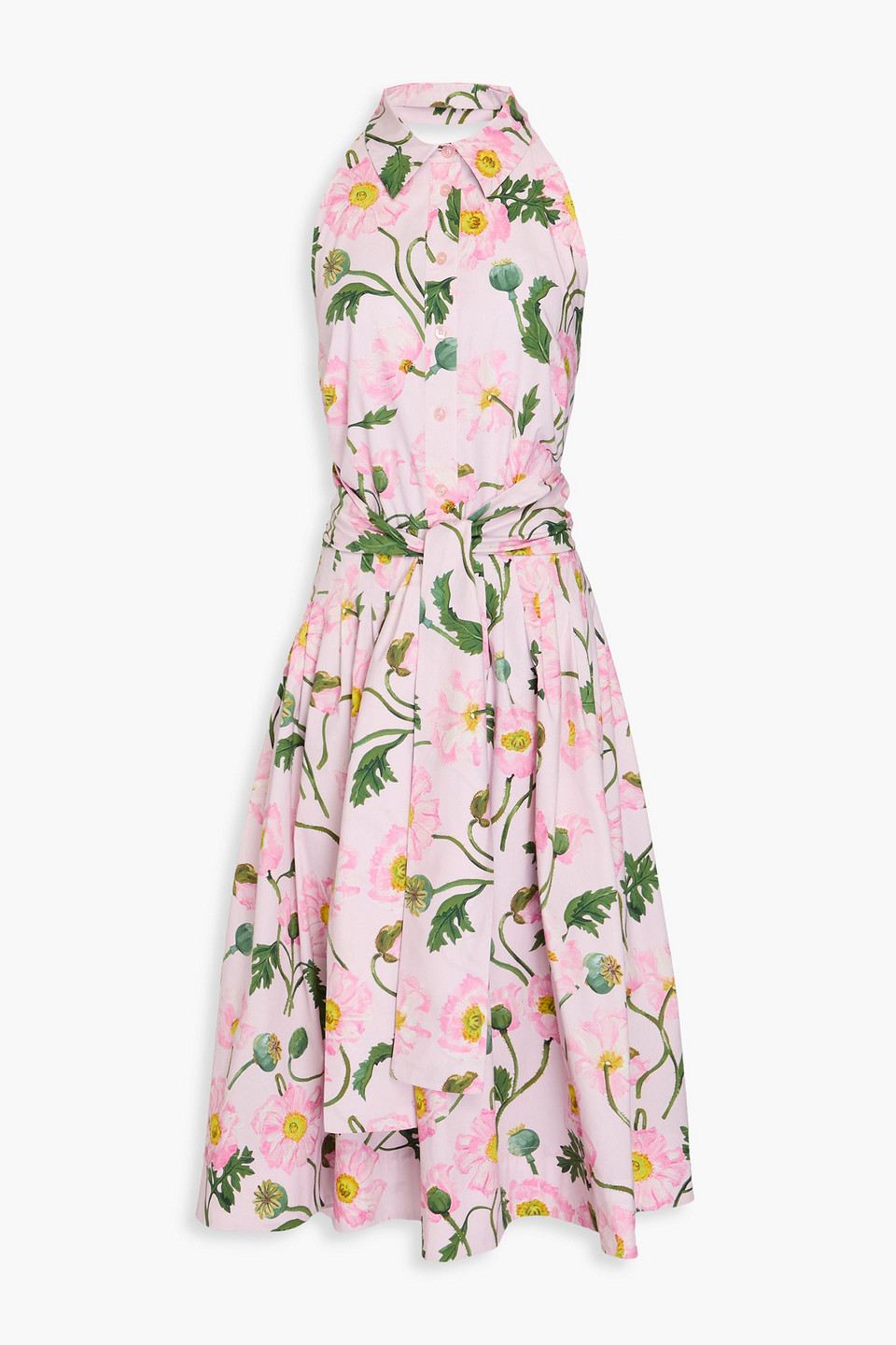 Oscar De La Renta Floral-print Cotton-blend Poplin Halterneck Midi Dress In Baby Pink