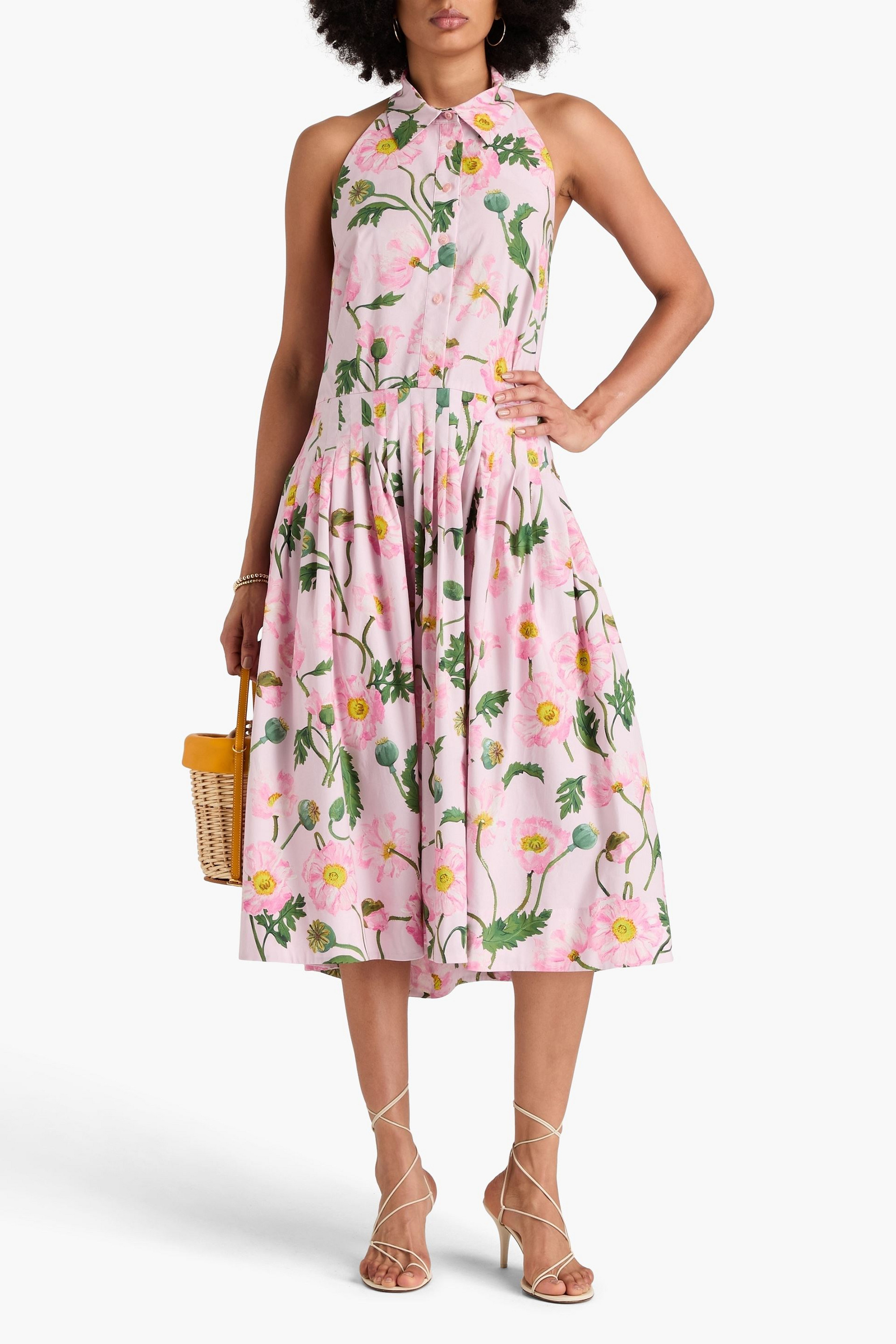Oscar de la Renta Floral-print cotton-blend poplin halterneck midi dress