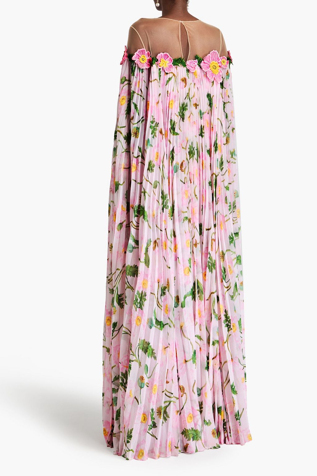 OSCAR DE LA RENTA Cape-effect pleated floral-print tulle and chiffon kaftan