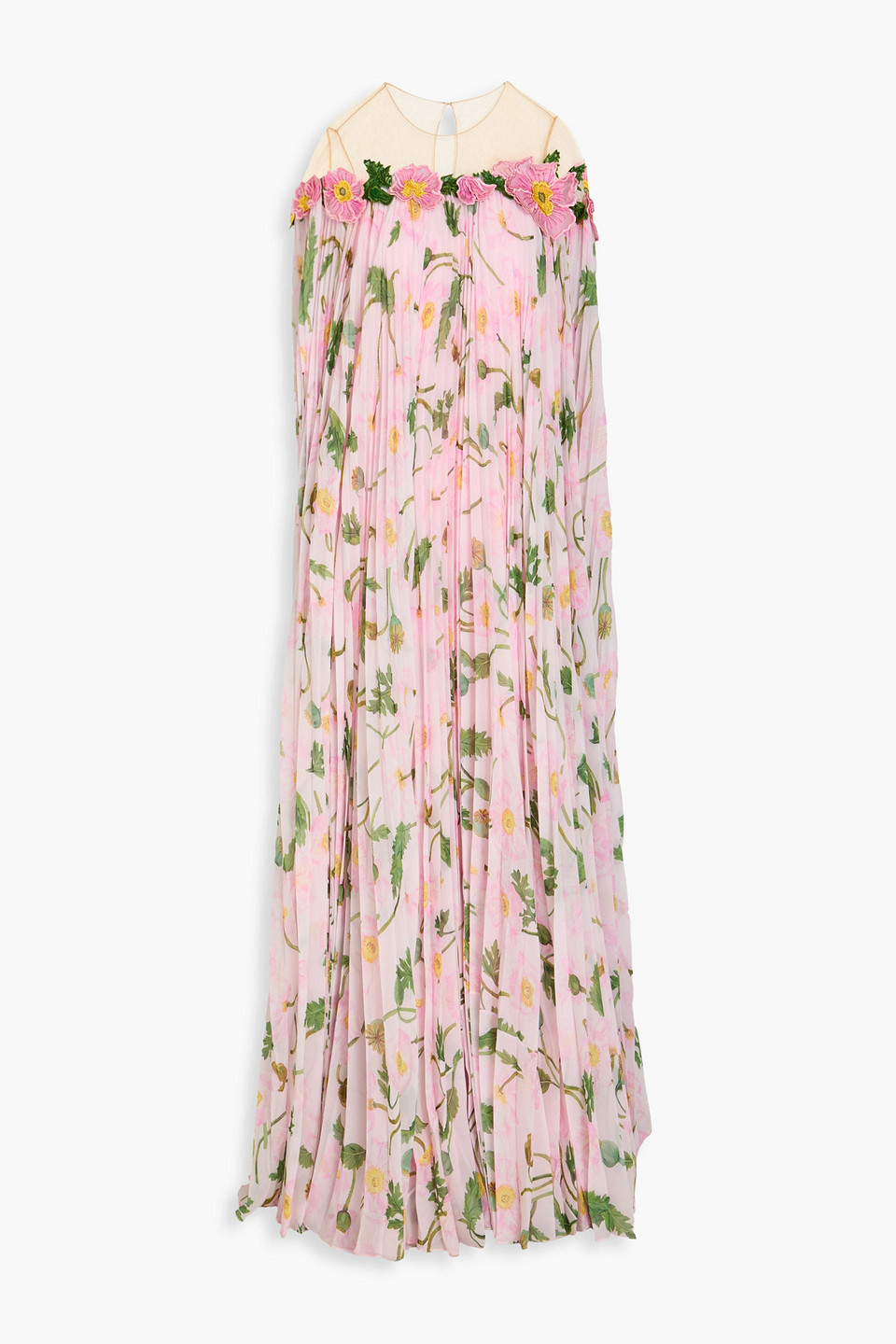 Oscar De La Renta Cape-effect Pleated Floral-print Tulle And Chiffon Kaftan In Baby Pink