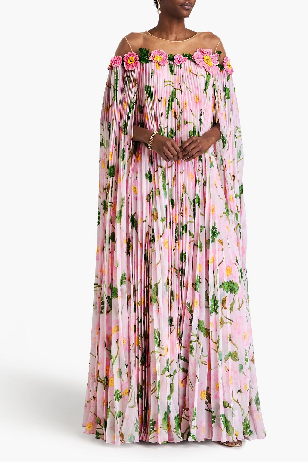 OSCAR DE LA RENTA Cape-effect pleated floral-print tulle and chiffon kaftan