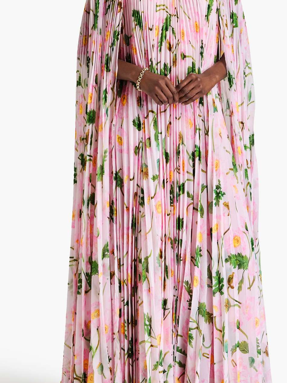 cape-effect pleated floral-print tulle and chiffon kaftan