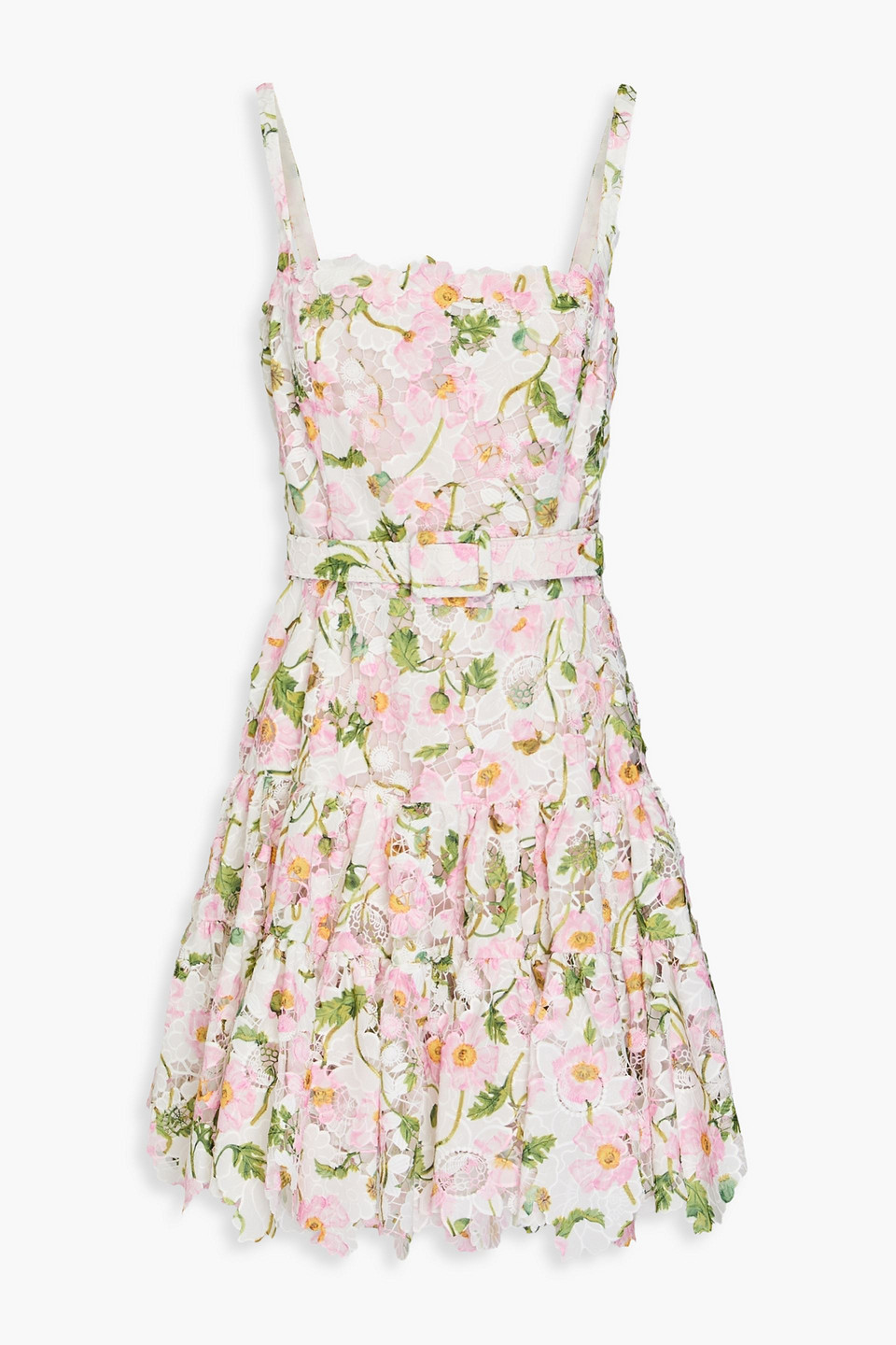 Oscar De La Renta Belted Floral-print Guipure Lace Mini Dress In Baby Pink