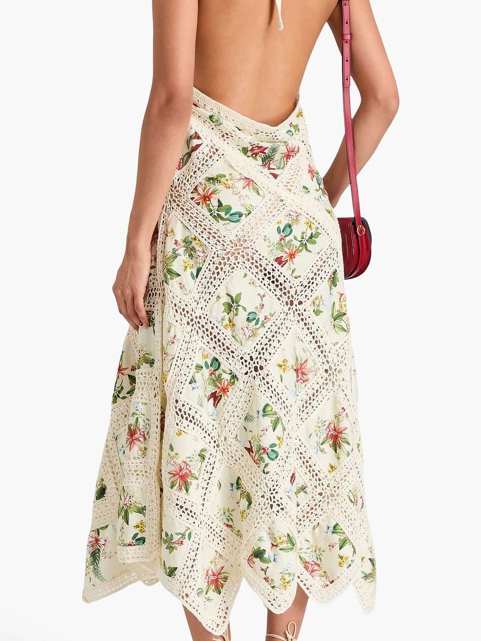 floral-print cotton-poplin and crochet halterneck midi dress