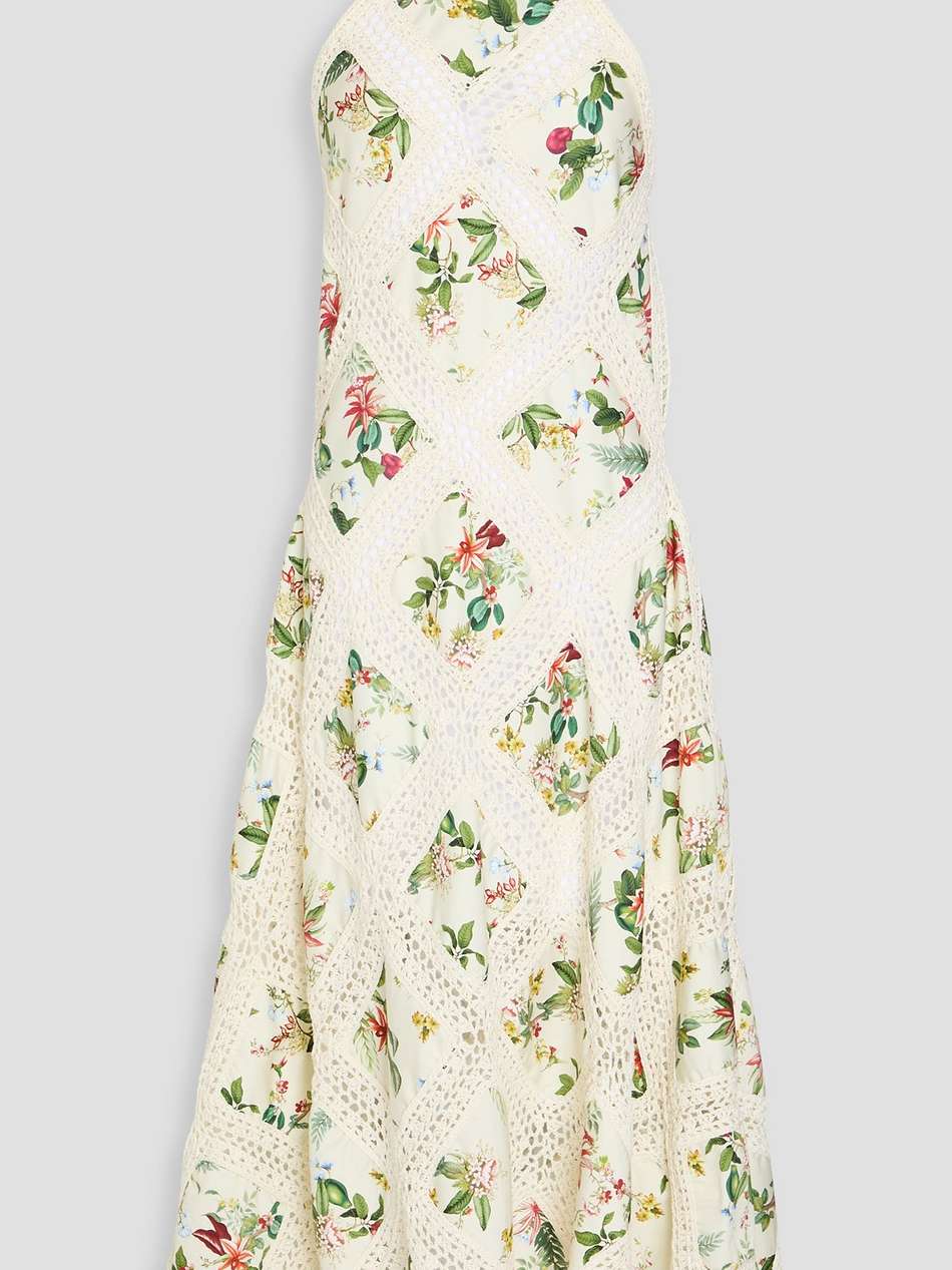 floral-print cotton-poplin and crochet halterneck midi dress