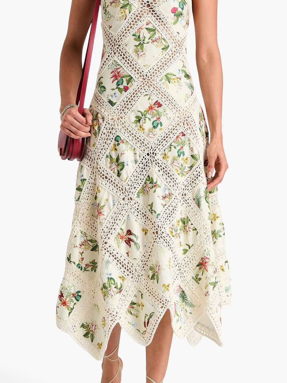 floral-print cotton-poplin and crochet halterneck midi dress