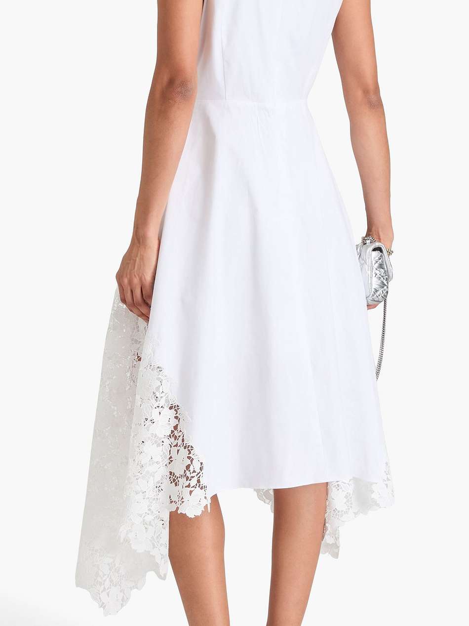 lace-trimmed pussy-bow cotton-blend twill midi dress