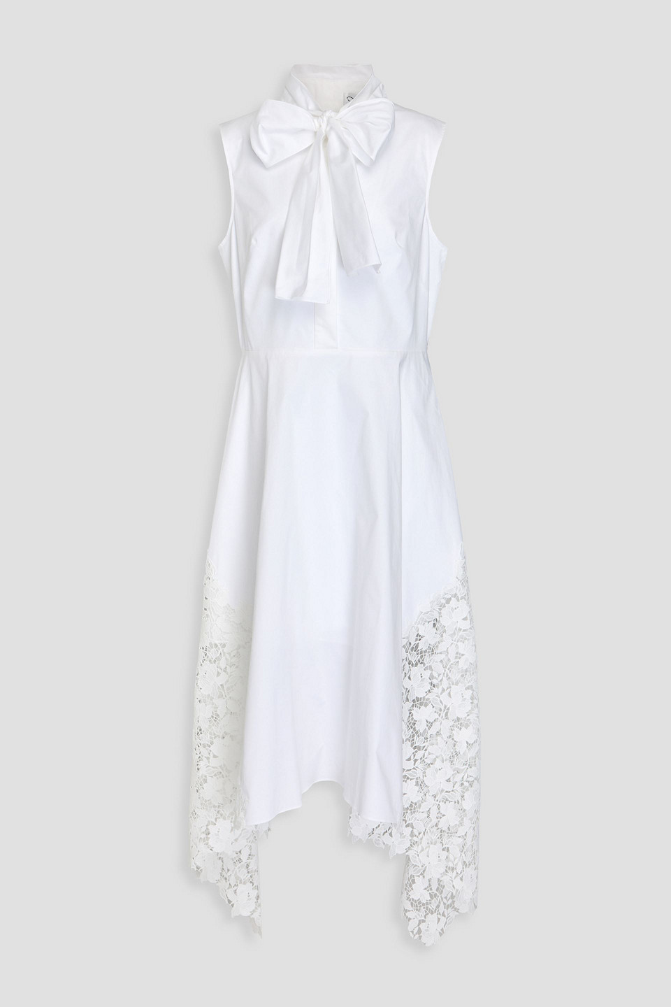 Oscar de la Renta - Lace-trimmed pussy-bow cotton-blend twill midi dress - White - US 12