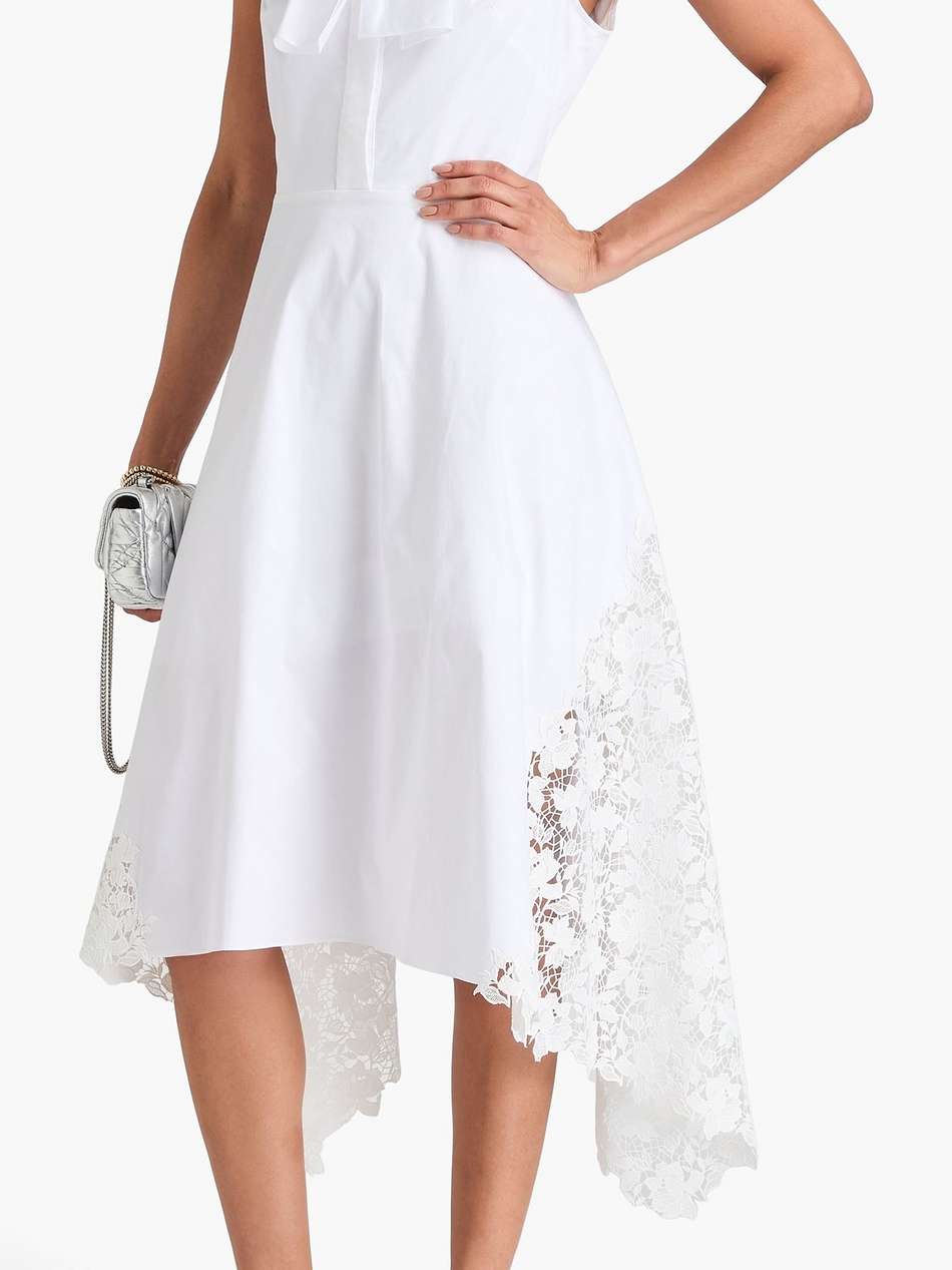lace-trimmed pussy-bow cotton-blend twill midi dress
