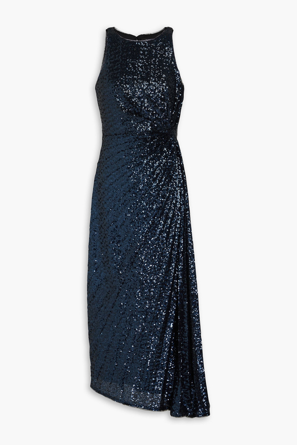 Badgley Mischka Wrap-effect Sequined Stretch-tulle Midi Dress In Midnight Blue