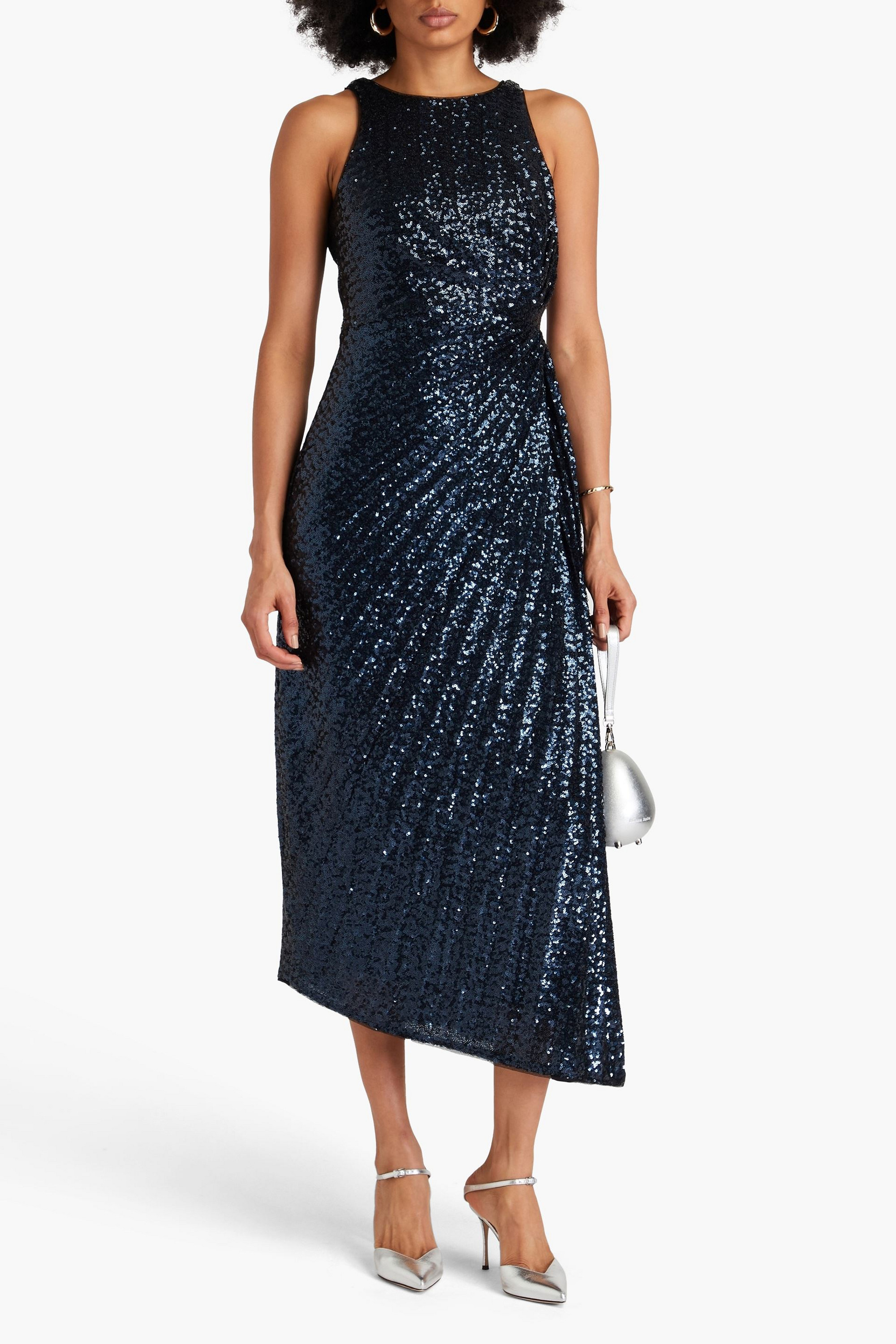 Badgley Mischka Wrap-effect sequined stretch-tulle midi dress