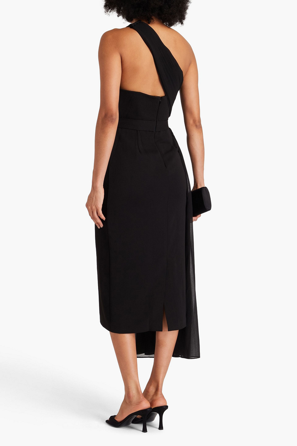 Badgley Mischka One-shoulder Draped Georgette And Stretch-crepe Midi Dress In Black