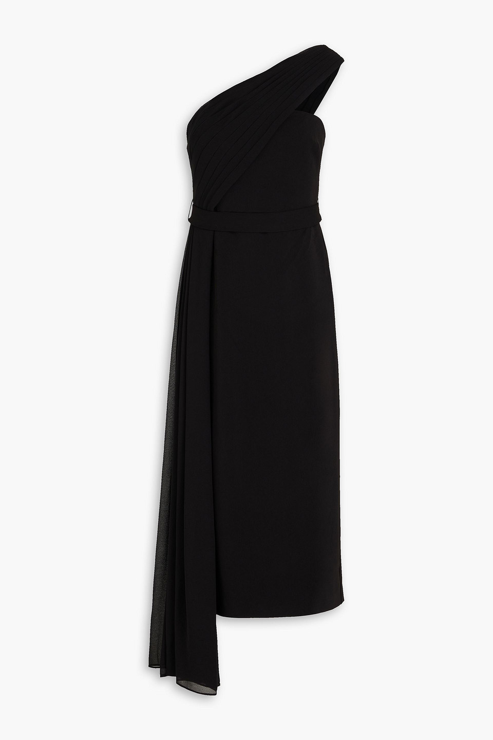 Badgley Mischka One-shoulder Draped Georgette And Stretch-crepe Midi Dress In Black