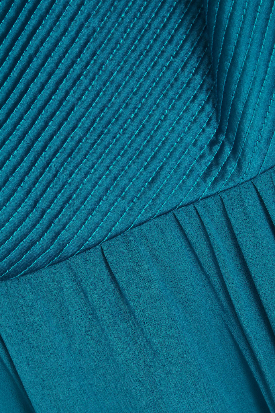 Badgley Mischka One-shoulder Pintucked Satin And Georgette Gown In Teal