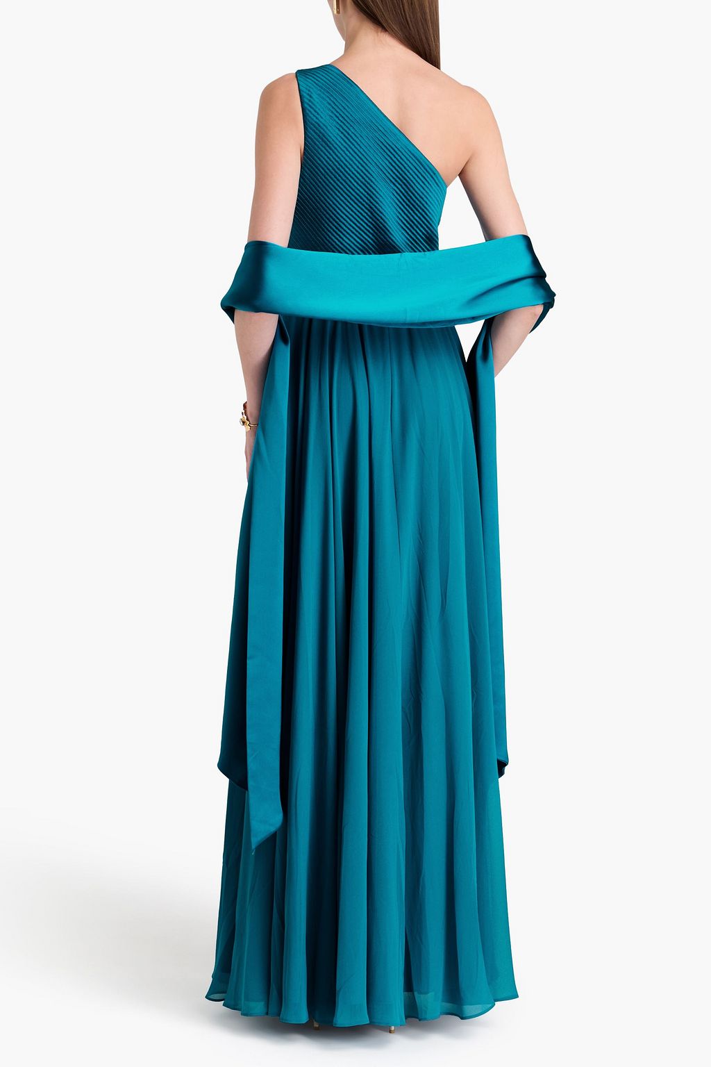 BADGLEY MISCHKA فستان سهرة بكتف واحد من الجورجيت وساتان بثنيات رفيعة