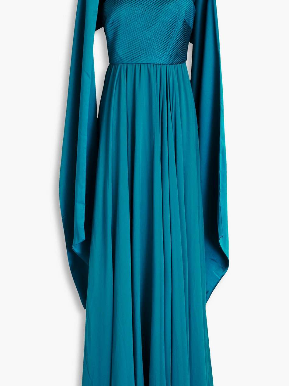 one-shoulder georgette-paneled satin gown