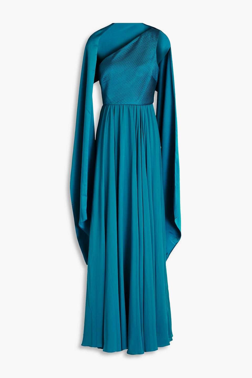 Badgley Mischka One-shoulder Pintucked Satin And Georgette Gown In Teal