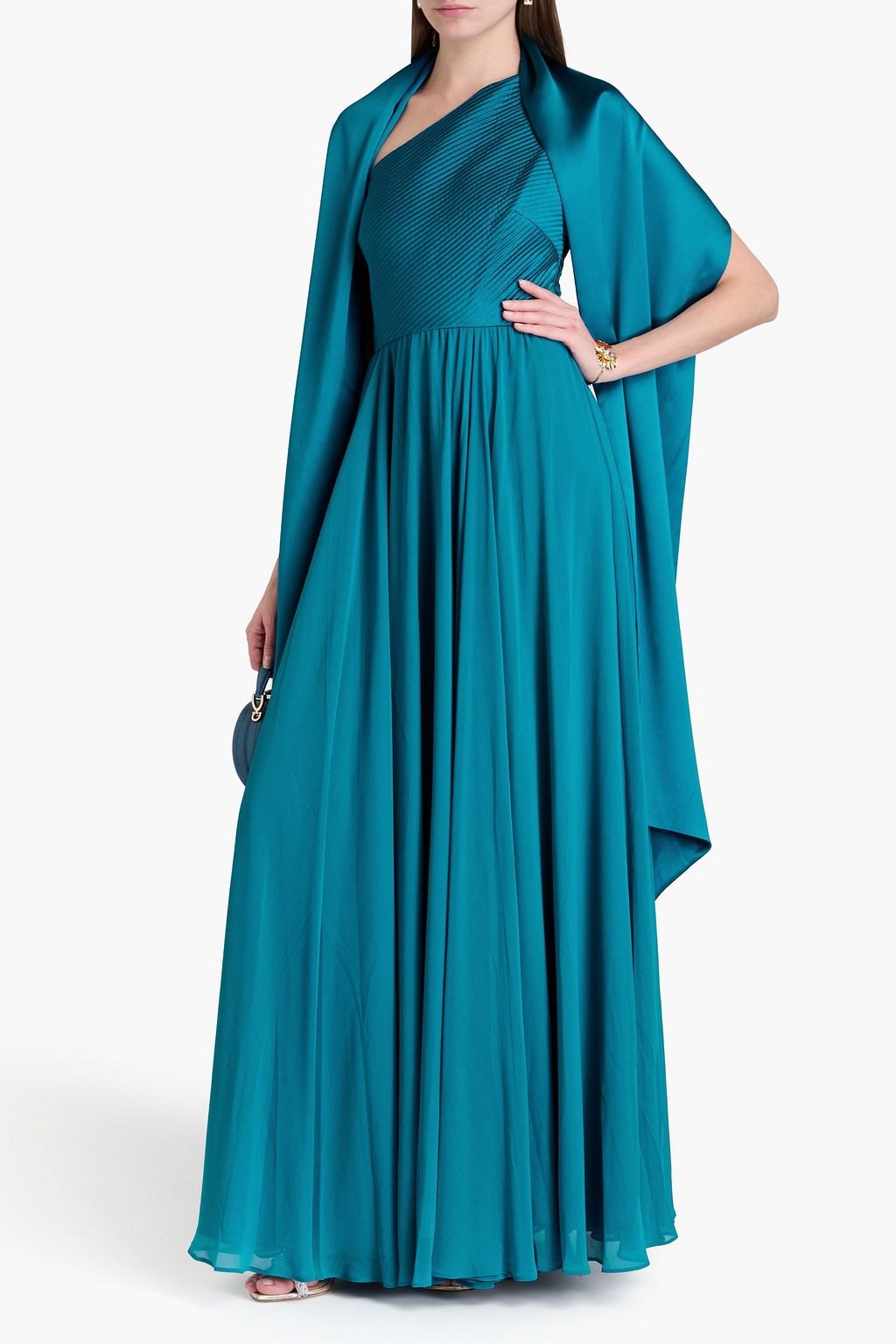 BADGLEY MISCHKA فستان سهرة بكتف واحد من الجورجيت وساتان بثنيات رفيعة