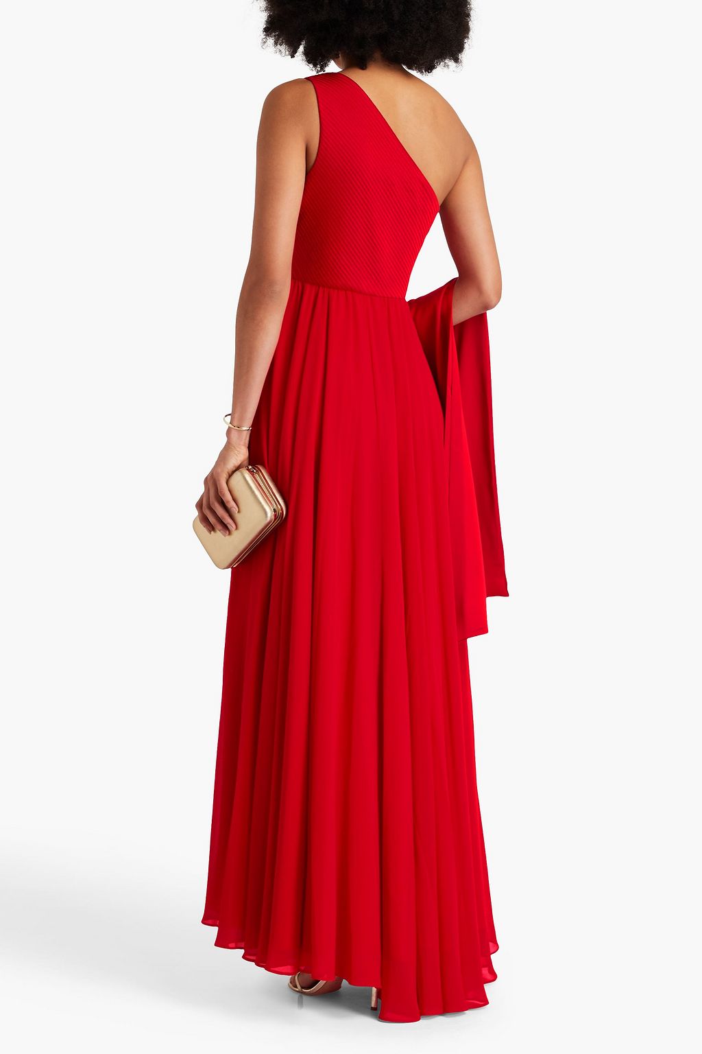 BADGLEY MISCHKA فستان سهرة بكتف واحد من الجورجيت وساتان بثنيات رفيعة