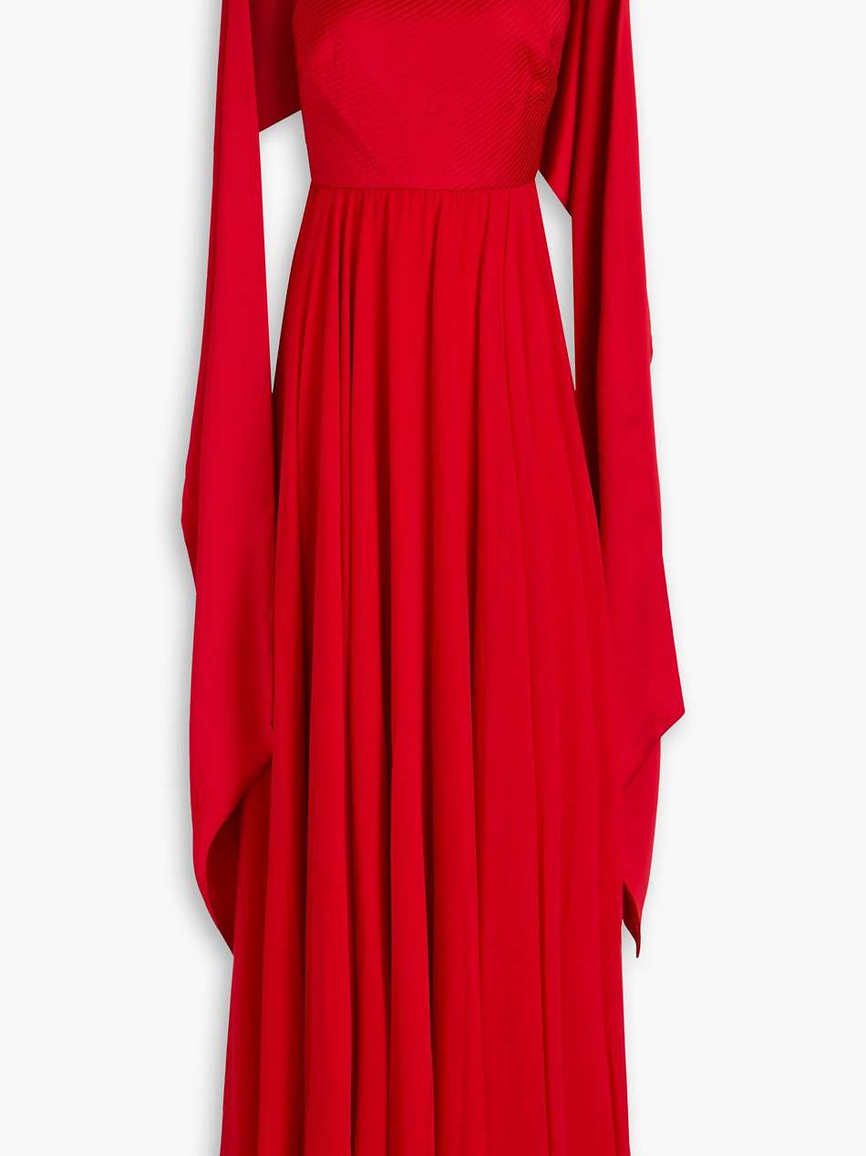 one-shoulder georgette-paneled satin gown