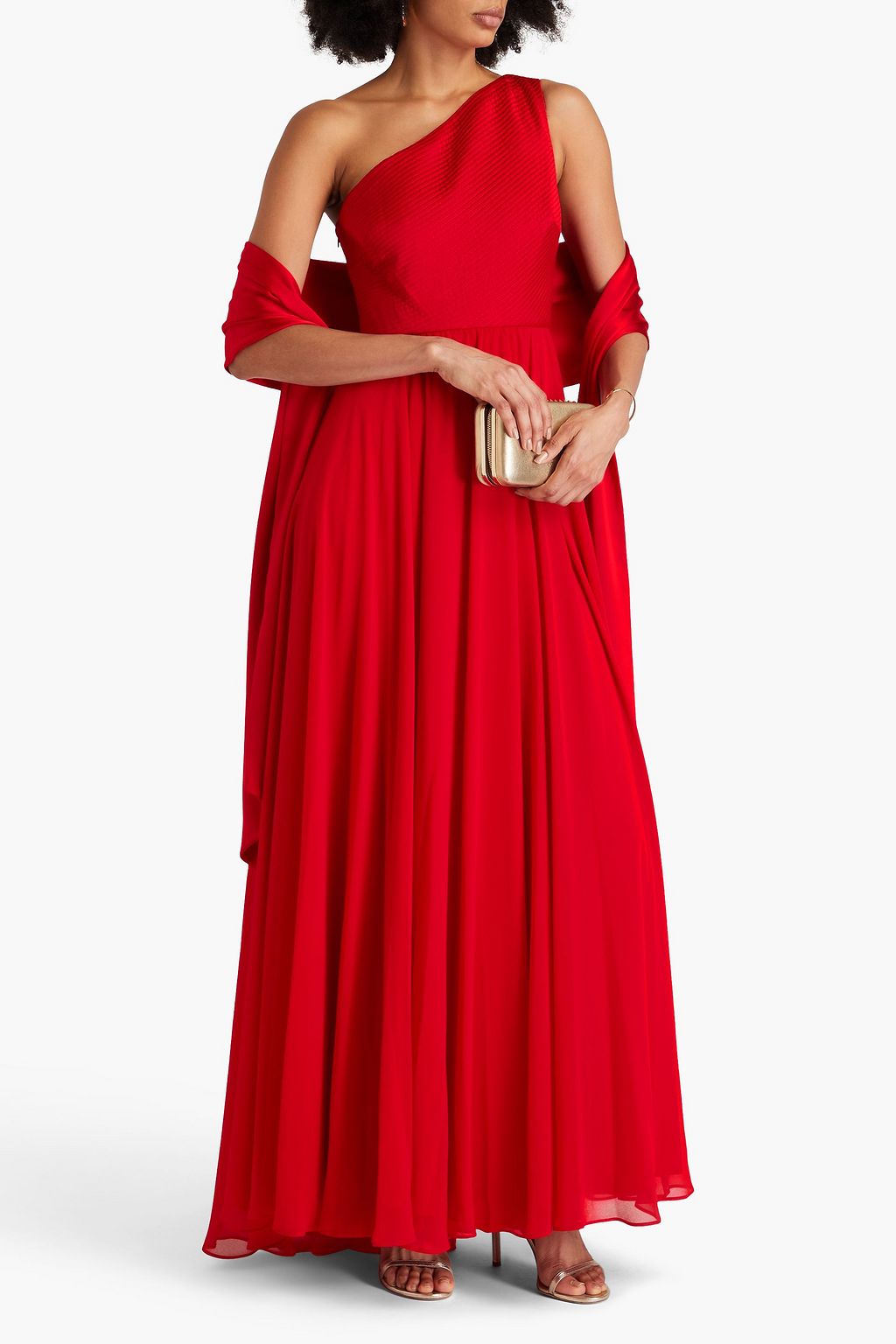 BADGLEY MISCHKA فستان سهرة بكتف واحد من الجورجيت وساتان بثنيات رفيعة