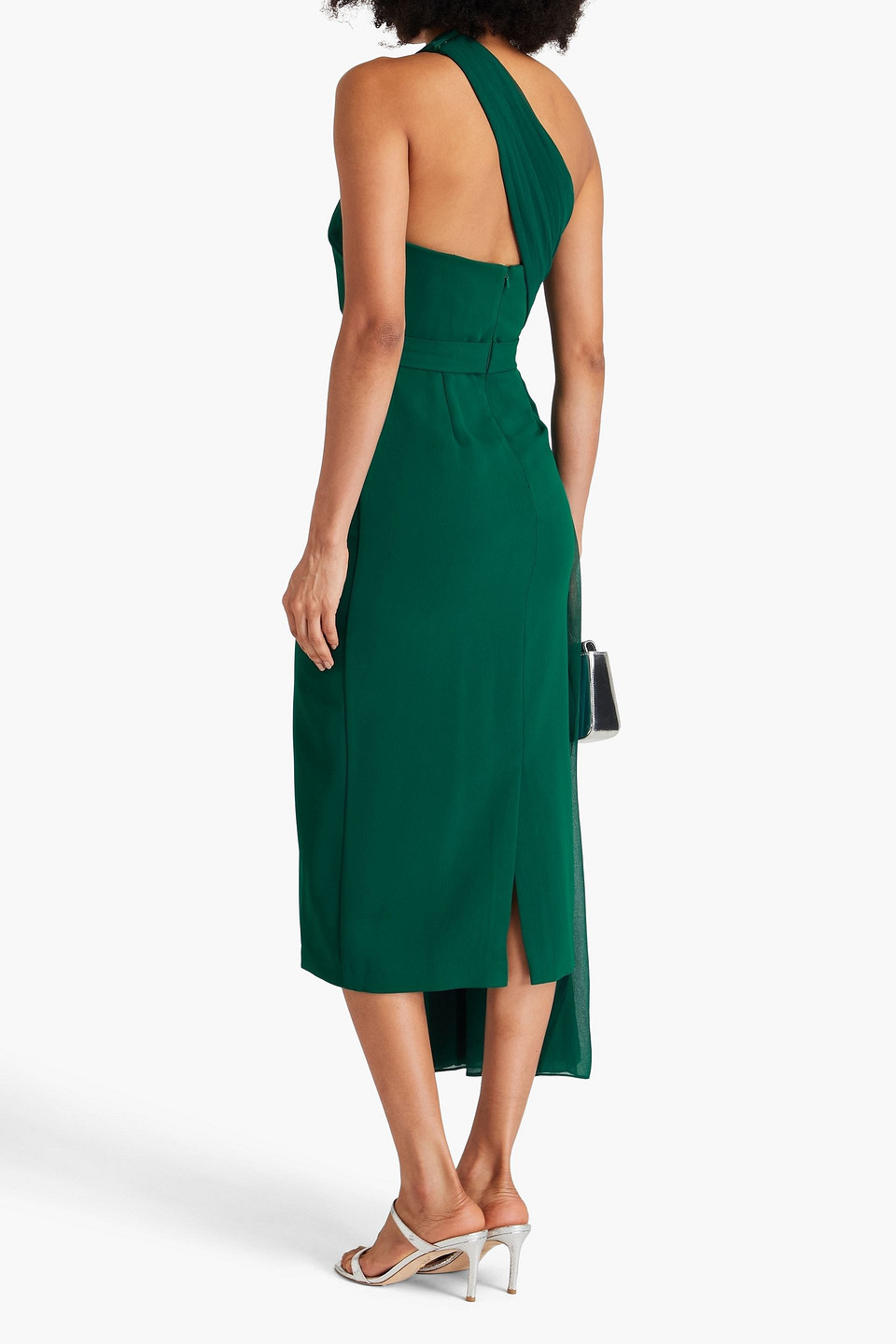Badgley Mischka One-shoulder Pleated Stretch-crepe And Georgette Midi Dress In Emerald