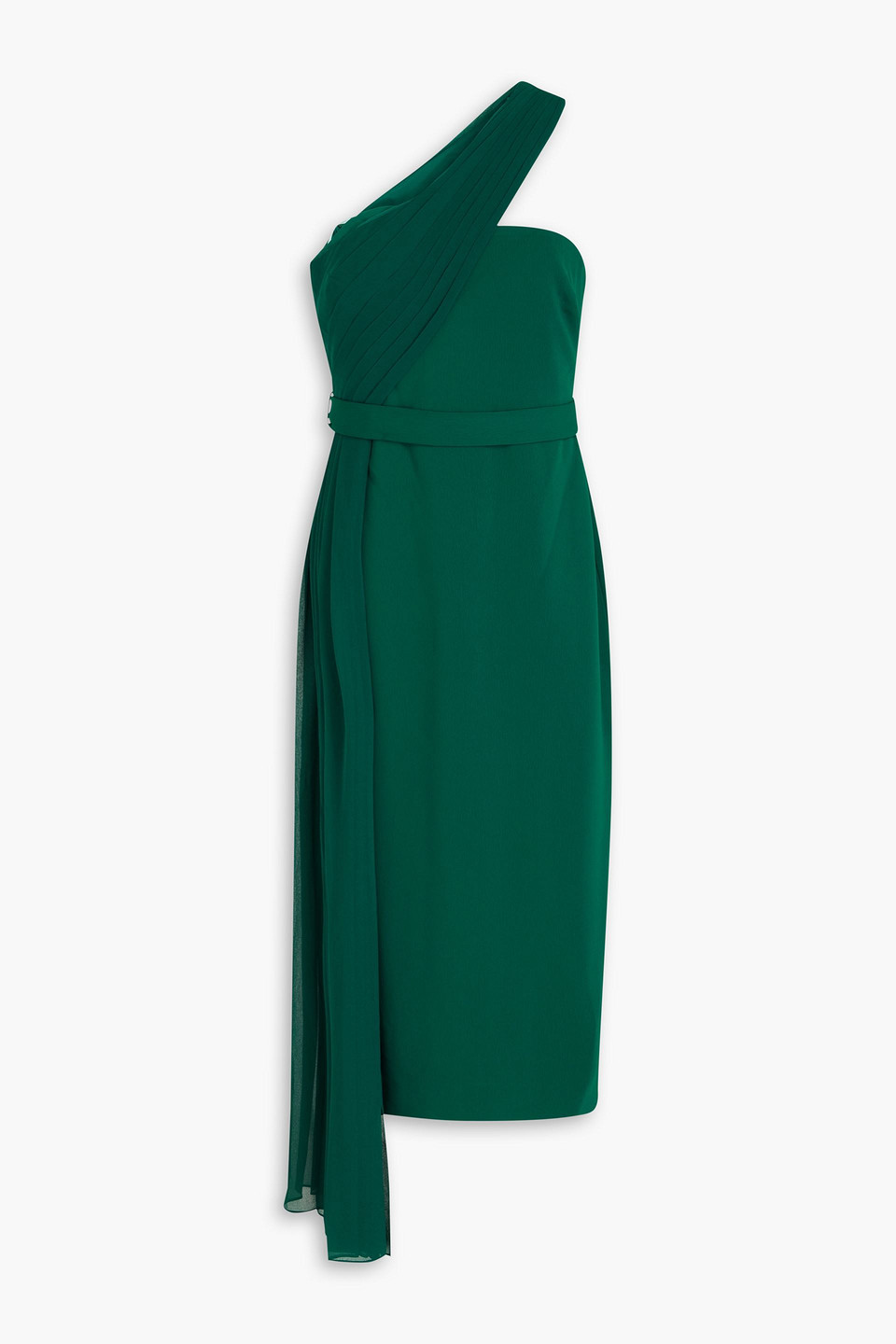 Badgley Mischka One-shoulder Pleated Stretch-crepe And Georgette Midi Dress In Emerald