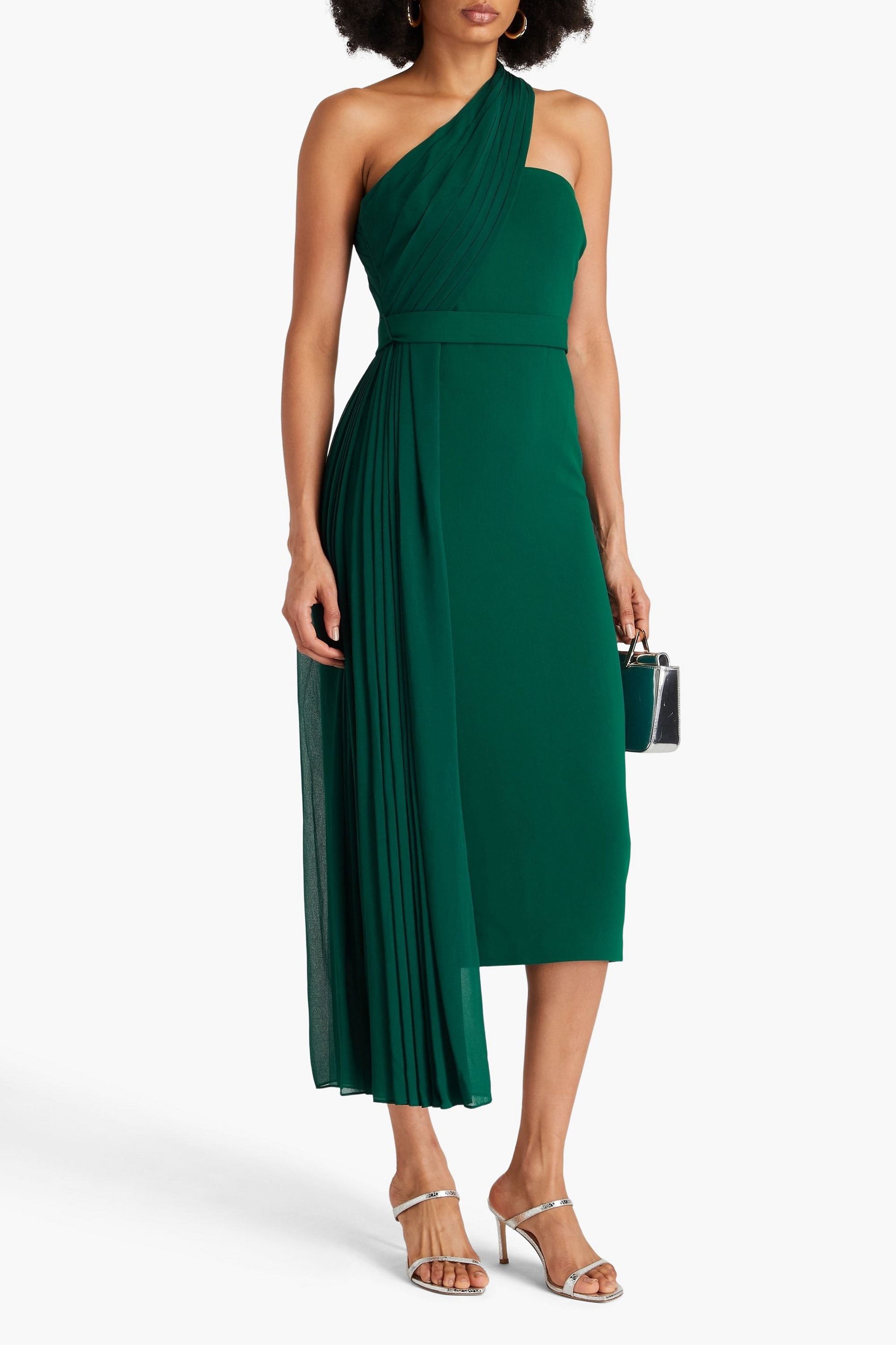 Badgley Mischka One-shoulder draped georgette and stretch-crepe midi dress
