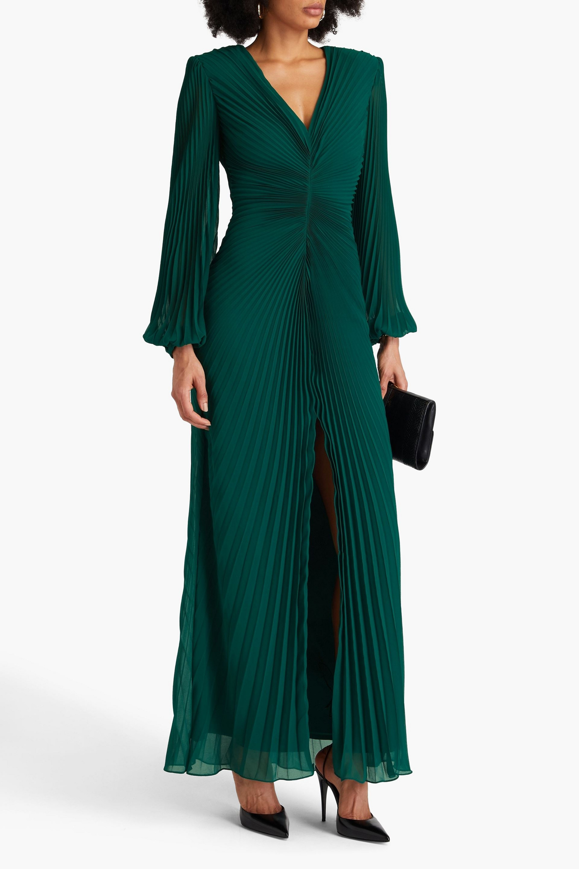 Badgley Mischka Plissé-georgette gown