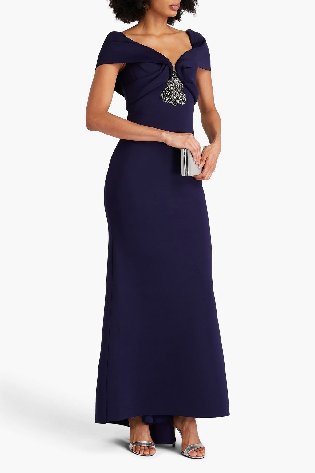 BADGLEY MISCHKA فستان سهرة من قماش سكوبا بتصميم مزركش مزين بكسرات