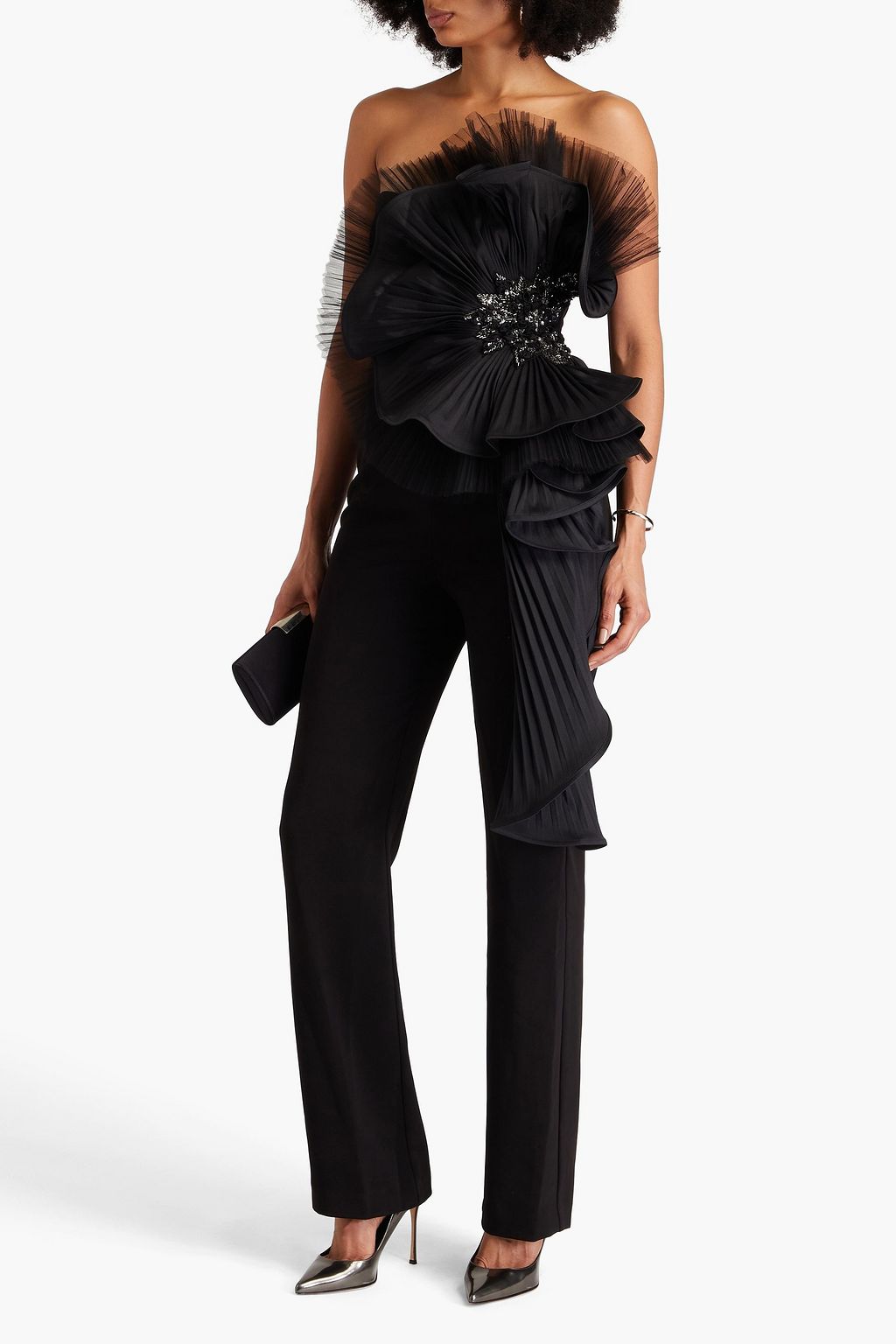 BADGLEY MISCHKA 장식 & 러플 디테일 스트레치 크레이프 스트랩리스 점프수트