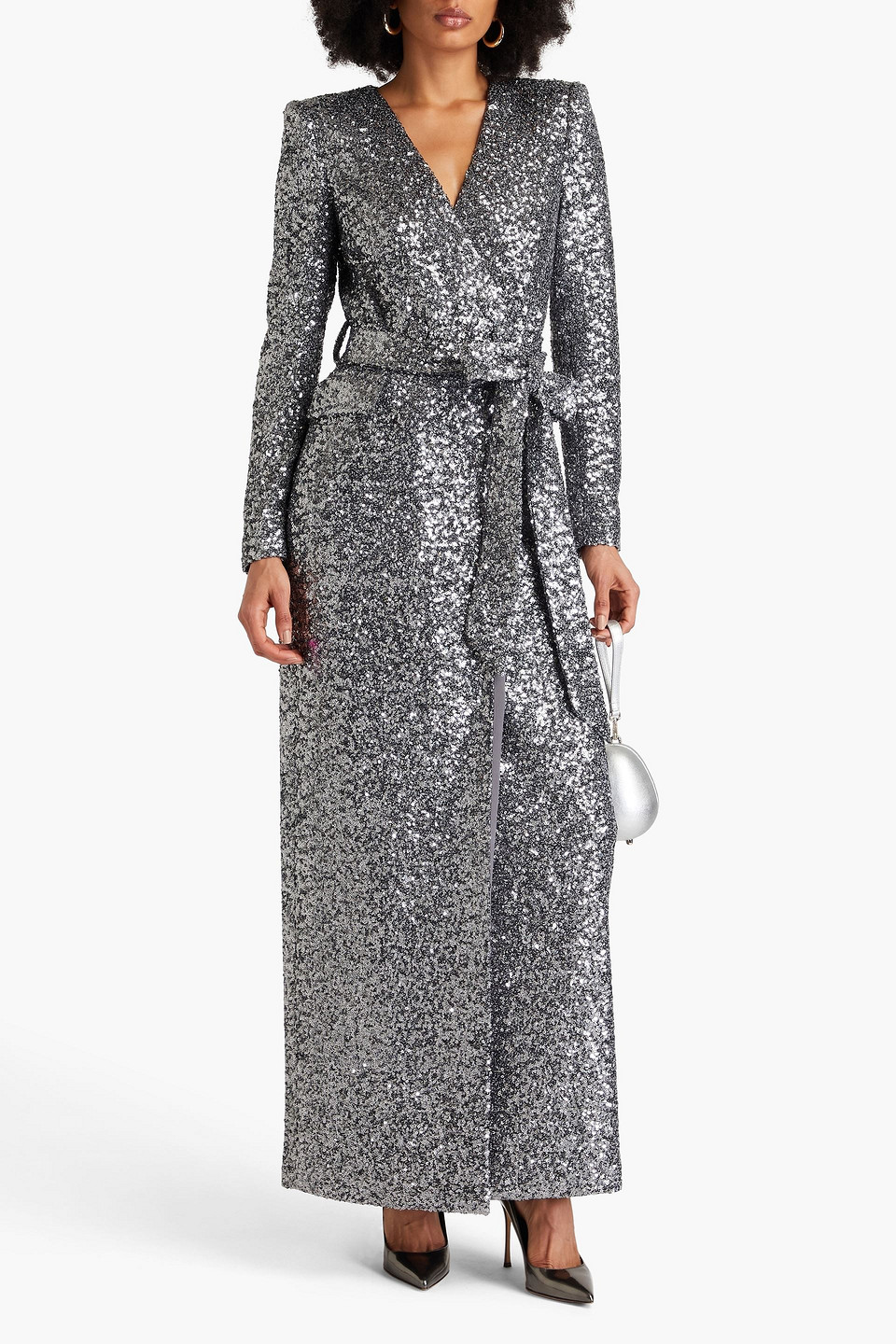 Badgley Mischka Sequined Stretch-tulle Gown In Silver