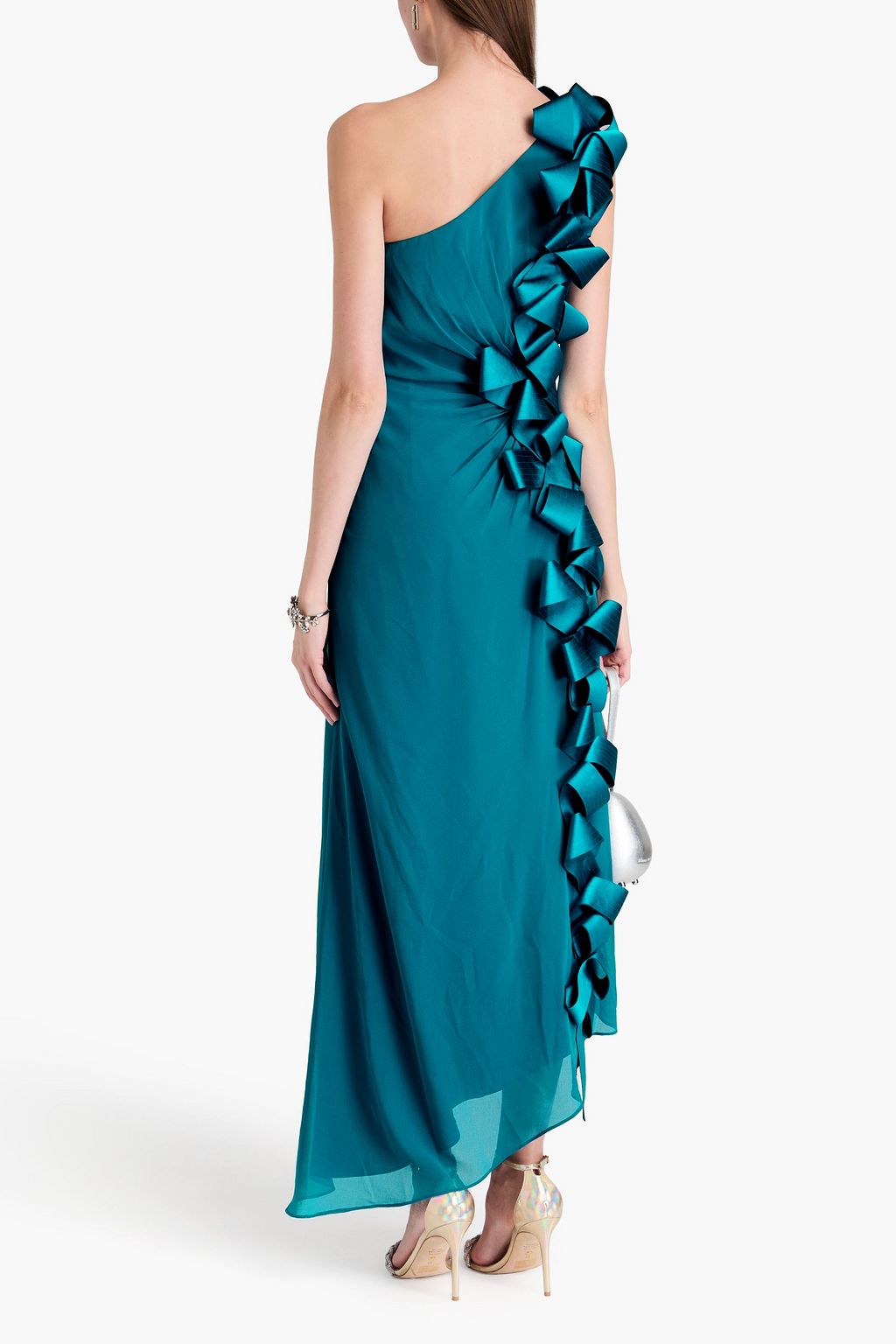BADGLEY MISCHKA ジョーゼット ロングドレス ワンショルダー リボン付き ドレープ入り