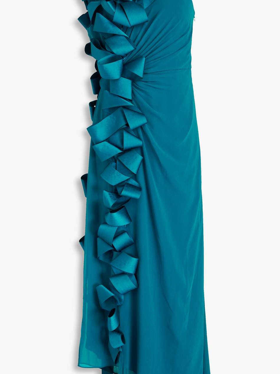 one-shoulder bow-detailed draped georgette gown