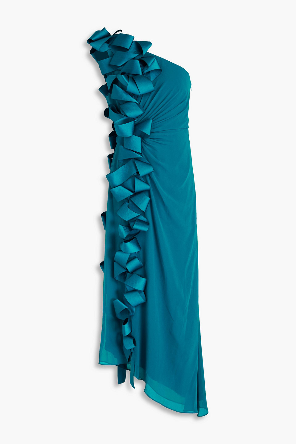 Badgley Mischka - One-shoulder bow-detailed draped georgette gown - Blue - US 12