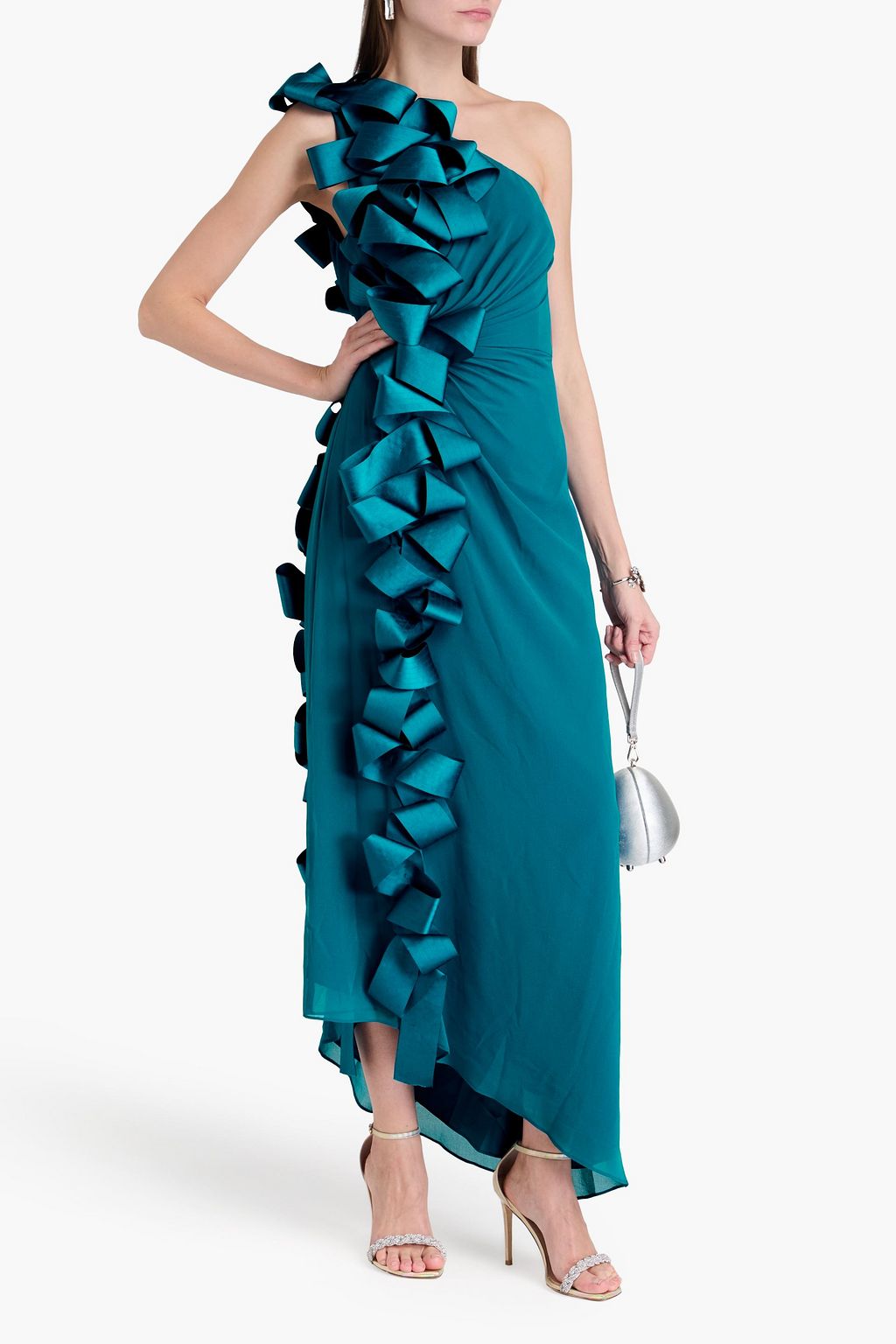 BADGLEY MISCHKA ジョーゼット ロングドレス ワンショルダー リボン付き ドレープ入り