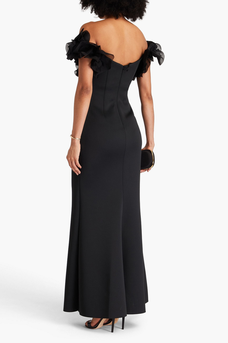 Badgley Mischka Ruffled Scuba Gown In Black