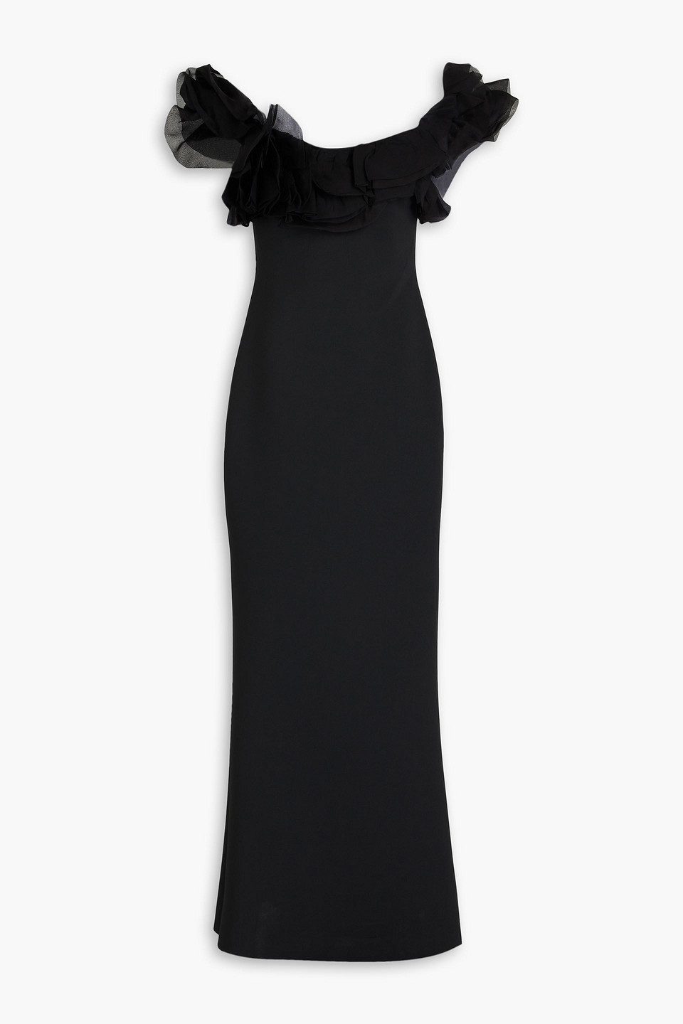 Badgley Mischka Ruffled Scuba Gown In Black