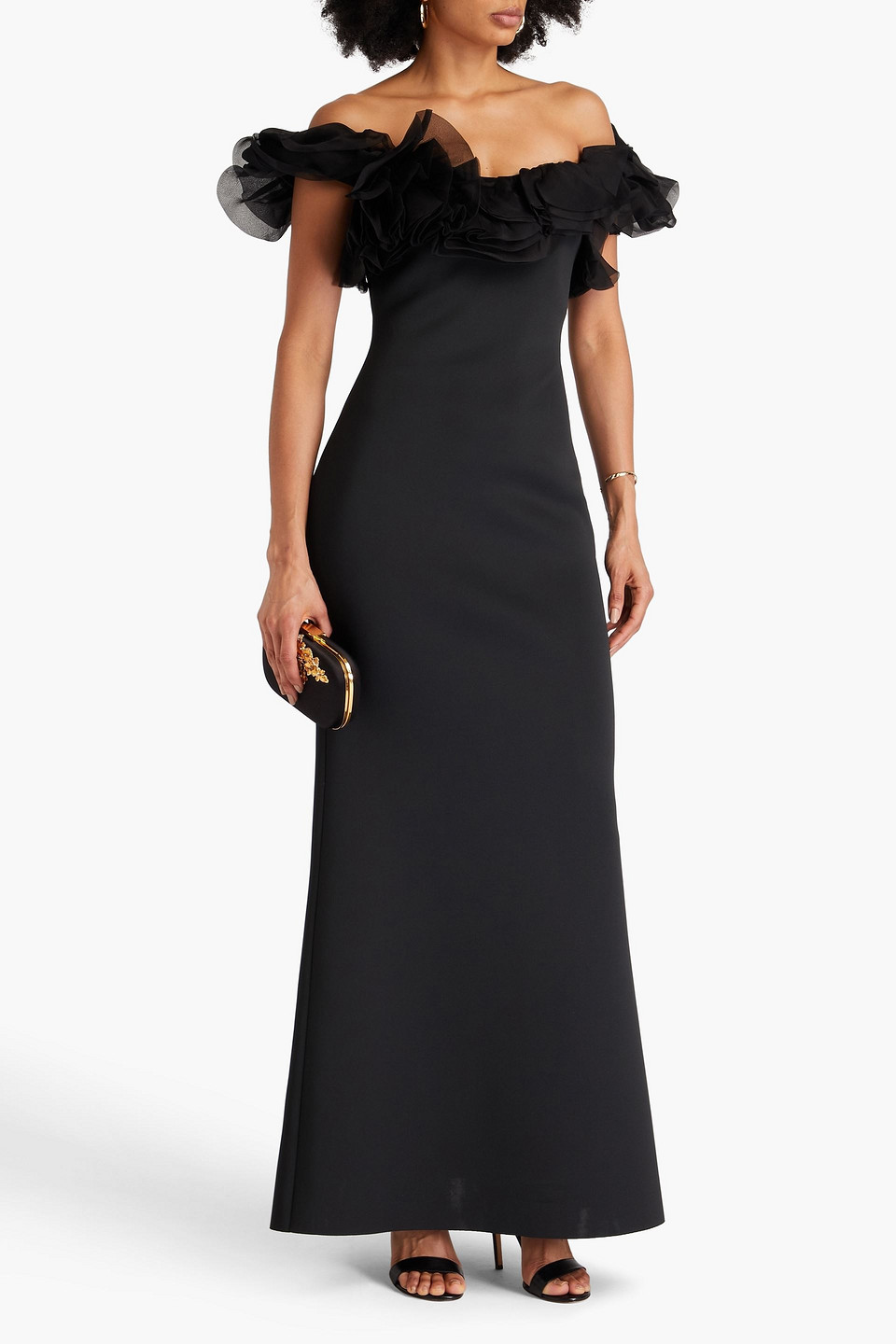 Badgley Mischka Ruffled Scuba Gown In Black