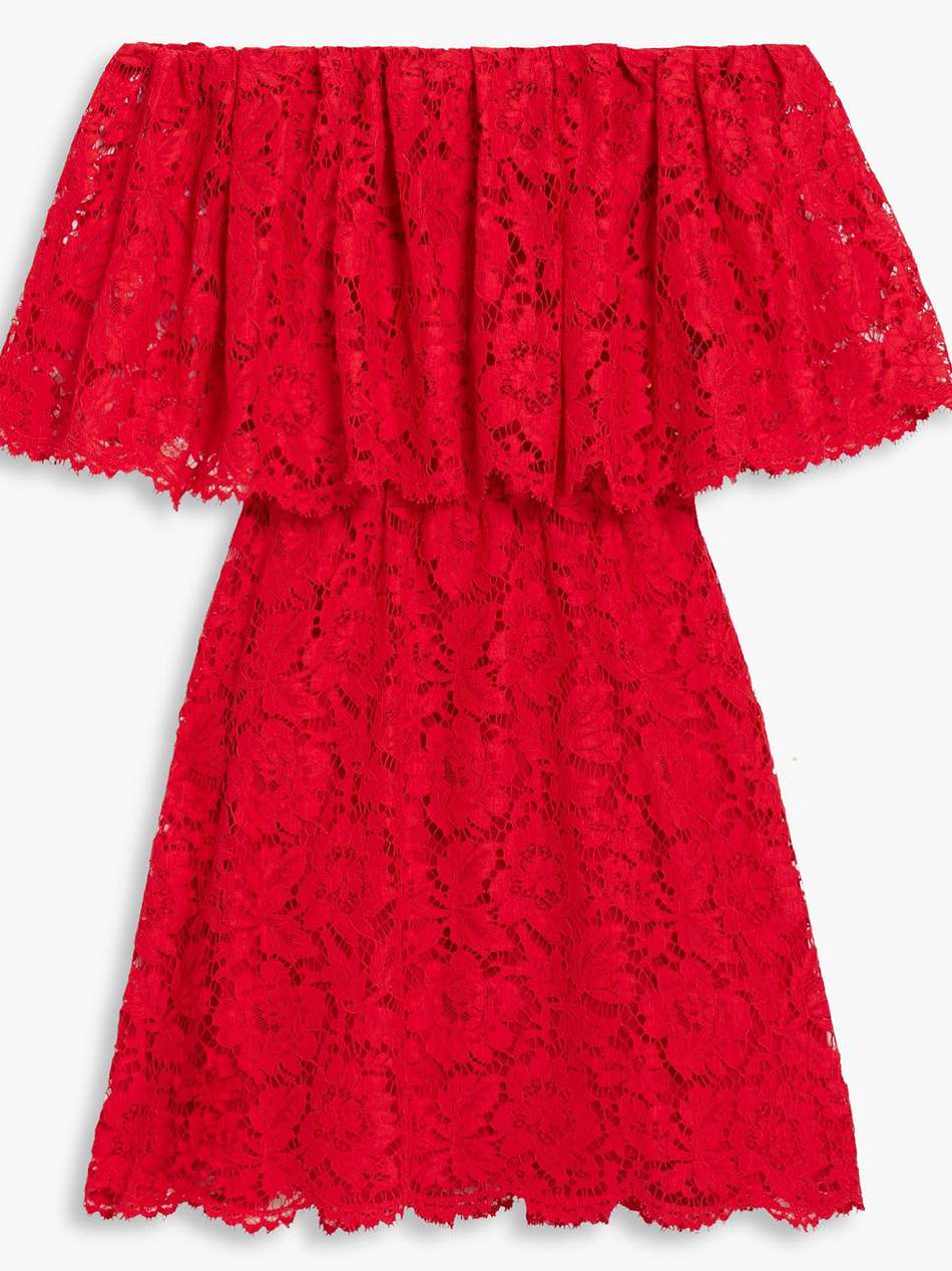 off-the-shoulder cotton-blend corded lace mini dress