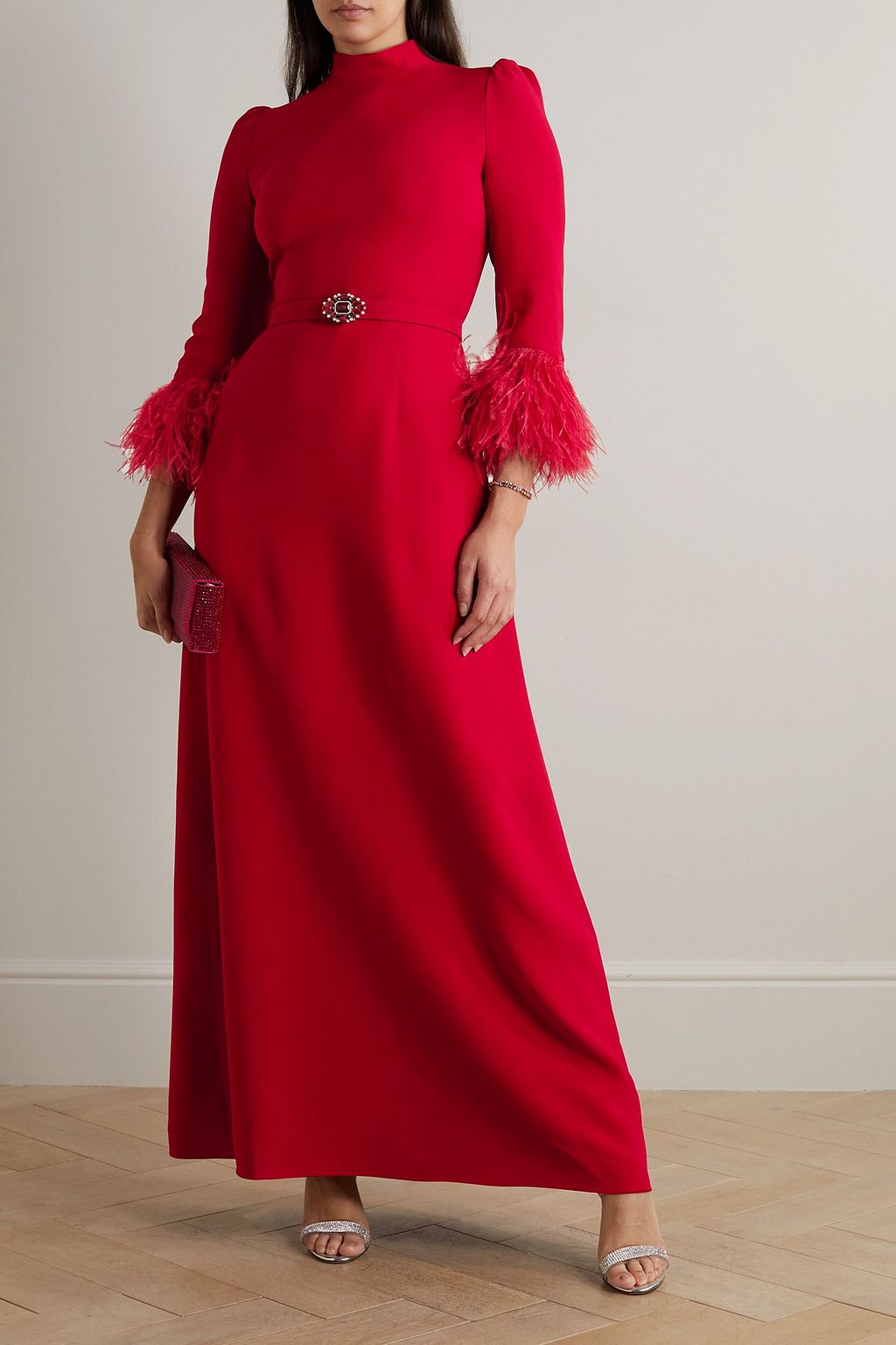 ANDREW GN Belted embellished feather-trimmed crepe gown