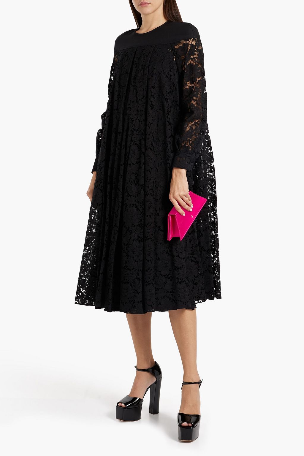 VALENTINO GARAVANI Pleated cotton-blend corded lace midi dress