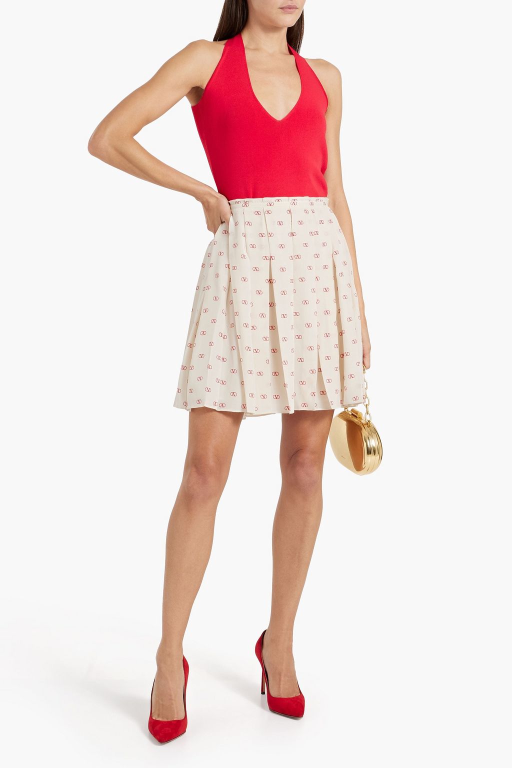 VALENTINO GARAVANI Pleated logo-print silk-crepe mini skirt