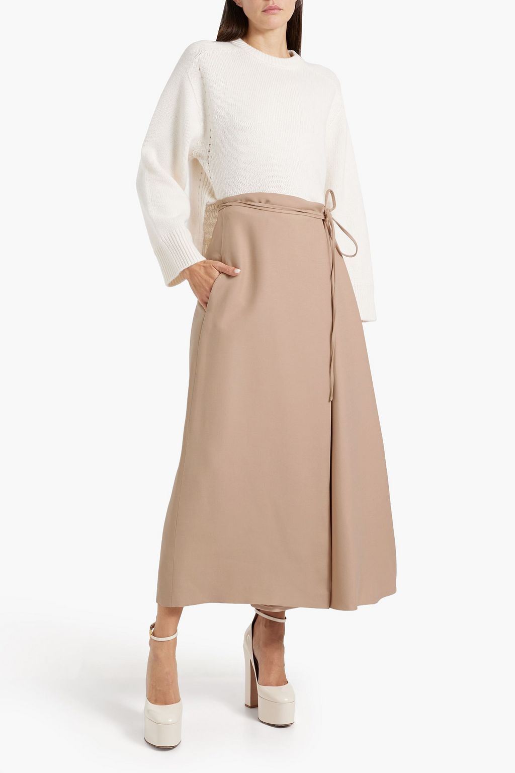VALENTINO GARAVANI Tie-detailed wool and silk-blend crepe midi skirt