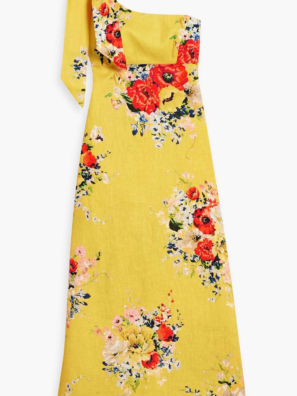 one-shoulder floral-print linen midi dress