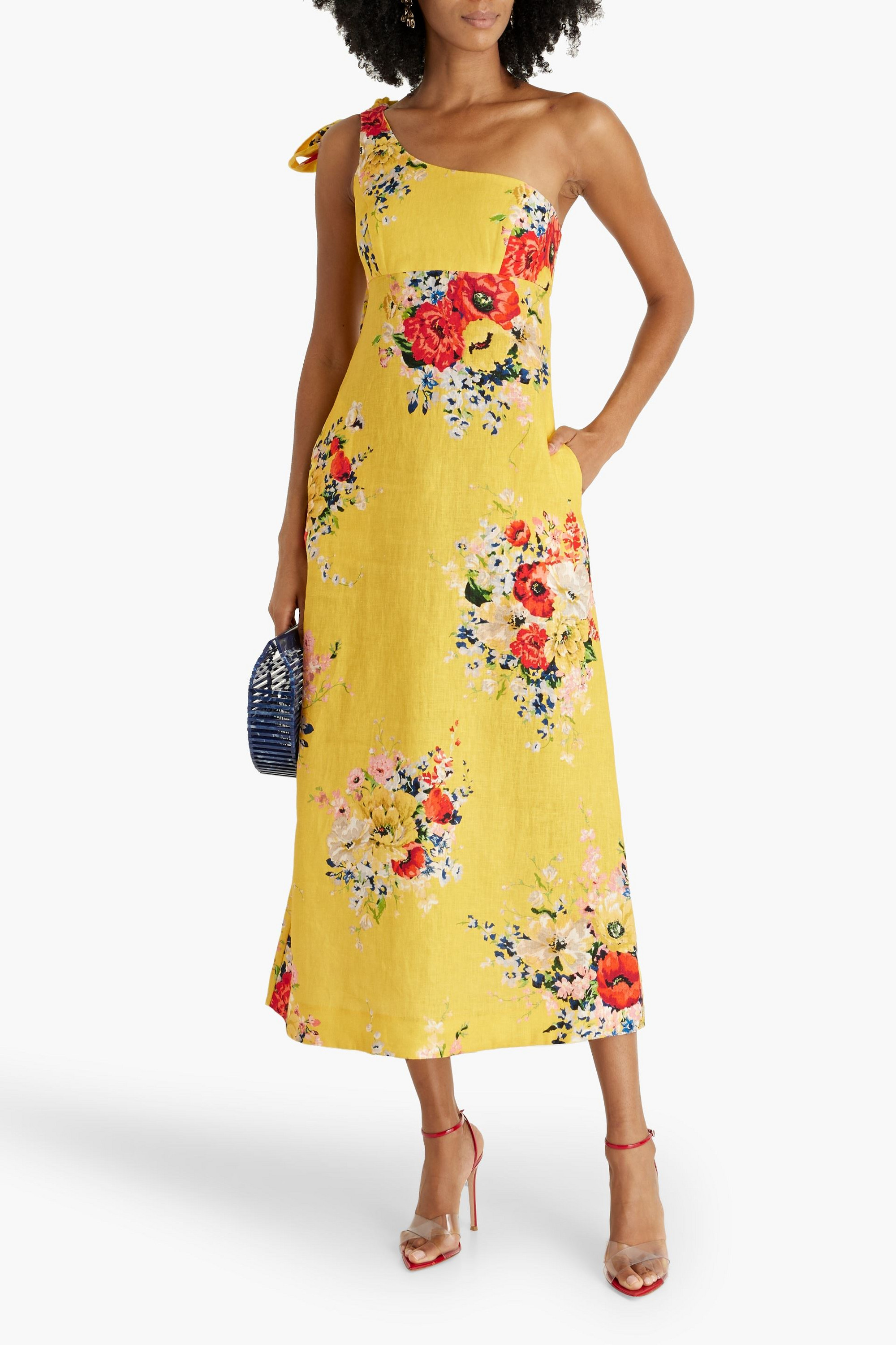 Zimmermann One-shoulder floral-print linen midi dress
