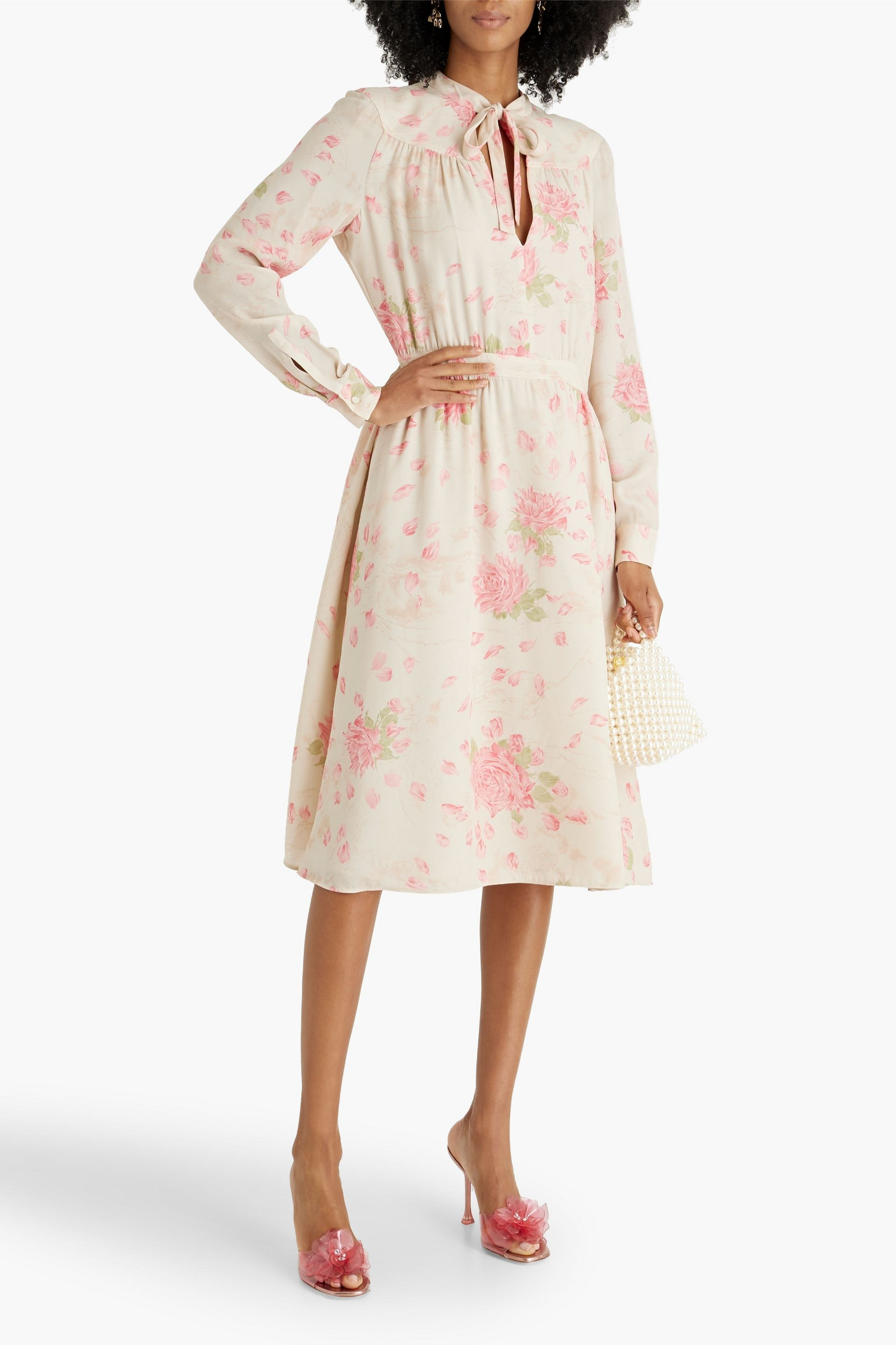 Valentino Garavani Pussy-bow floral-print silk-crepe midi dress