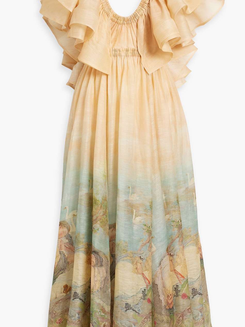 ruffled printed linen and silk-blend gown